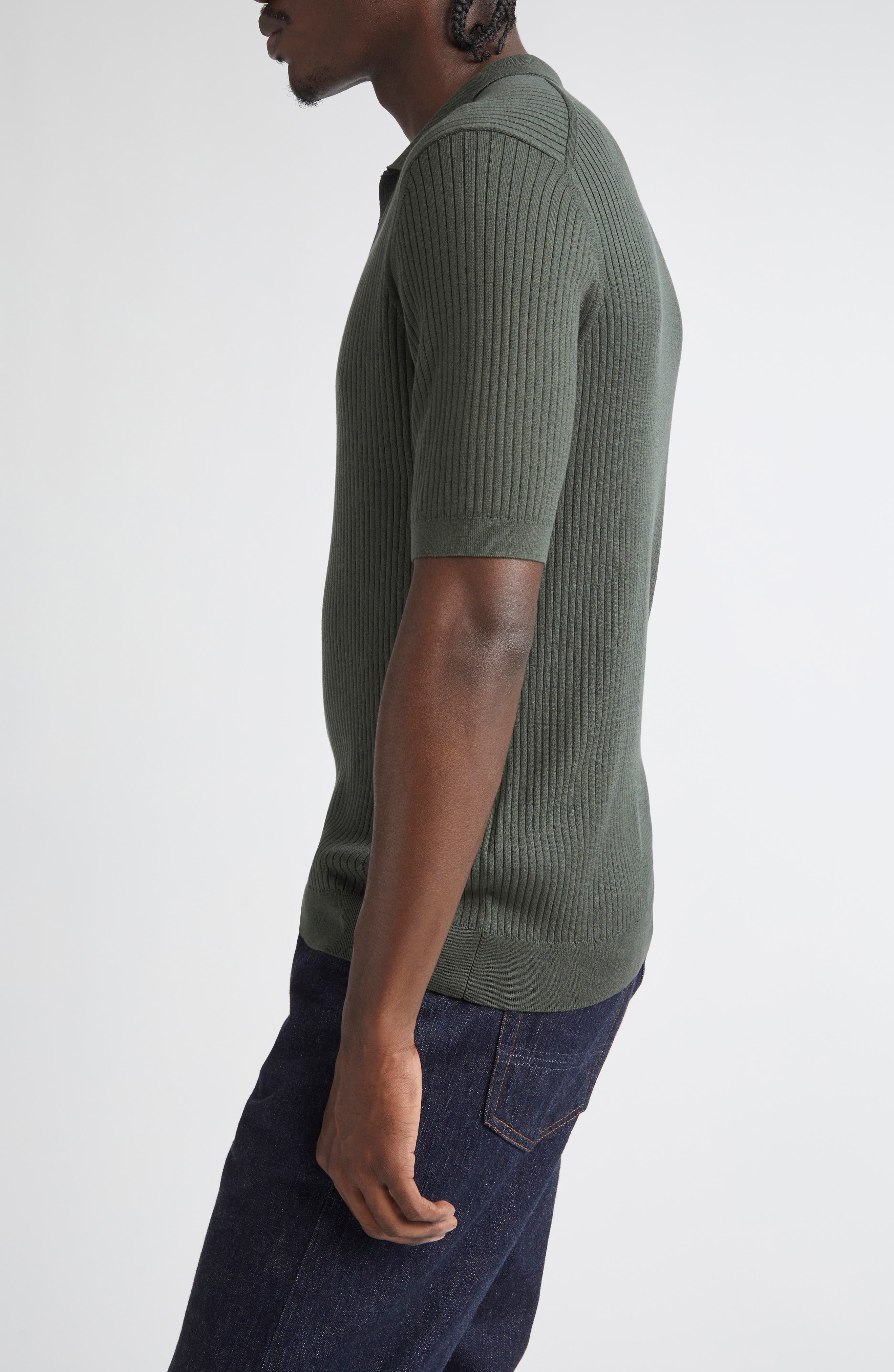 Sunspel Fine Rib Silk & Cotton Polo in Dusk Green at Nordstrom - 3