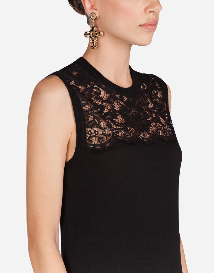 Sleeveless virgin wool and lace top - 4