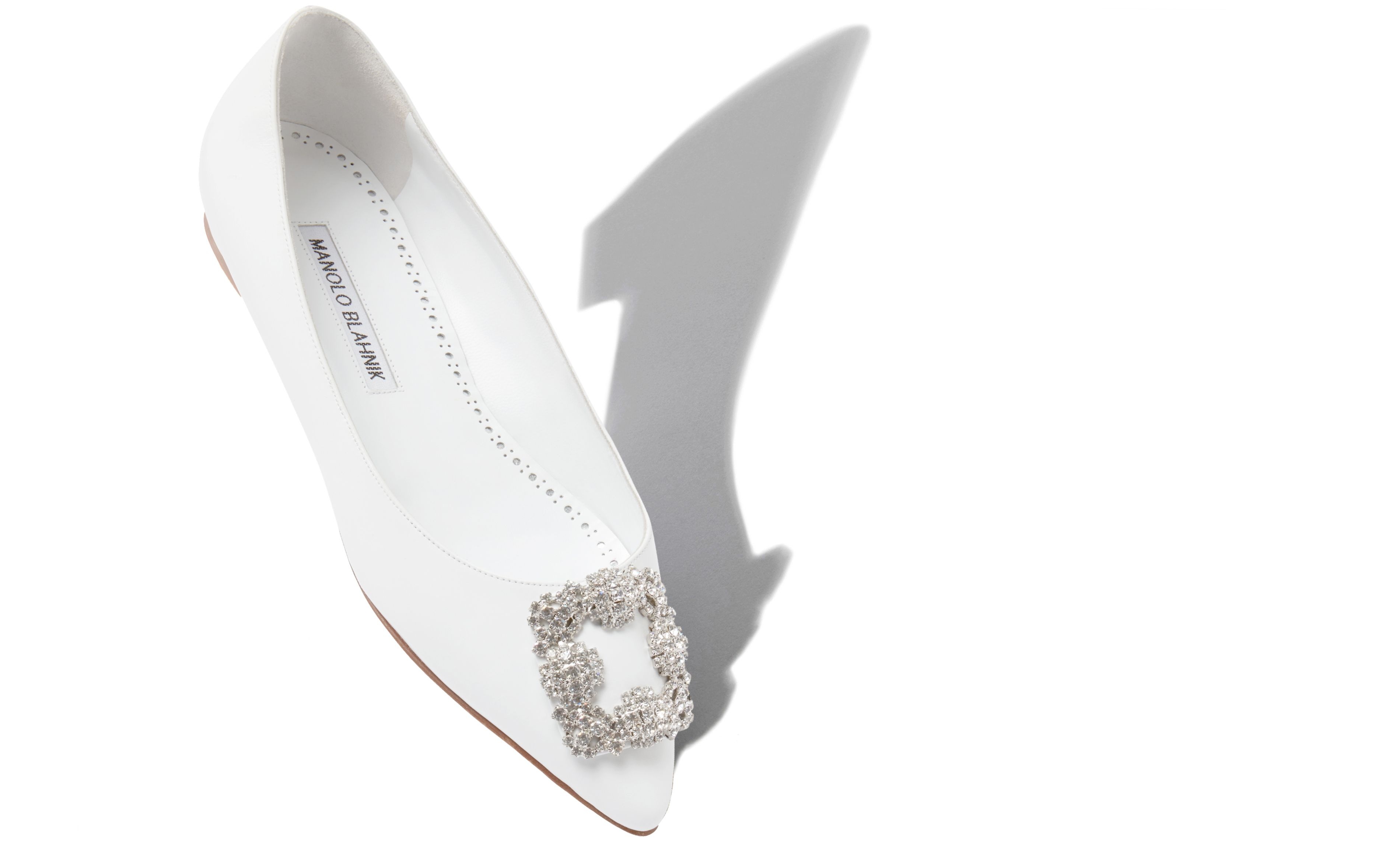 White Calf Leather Jewel Buckle Flat Shoes - 2