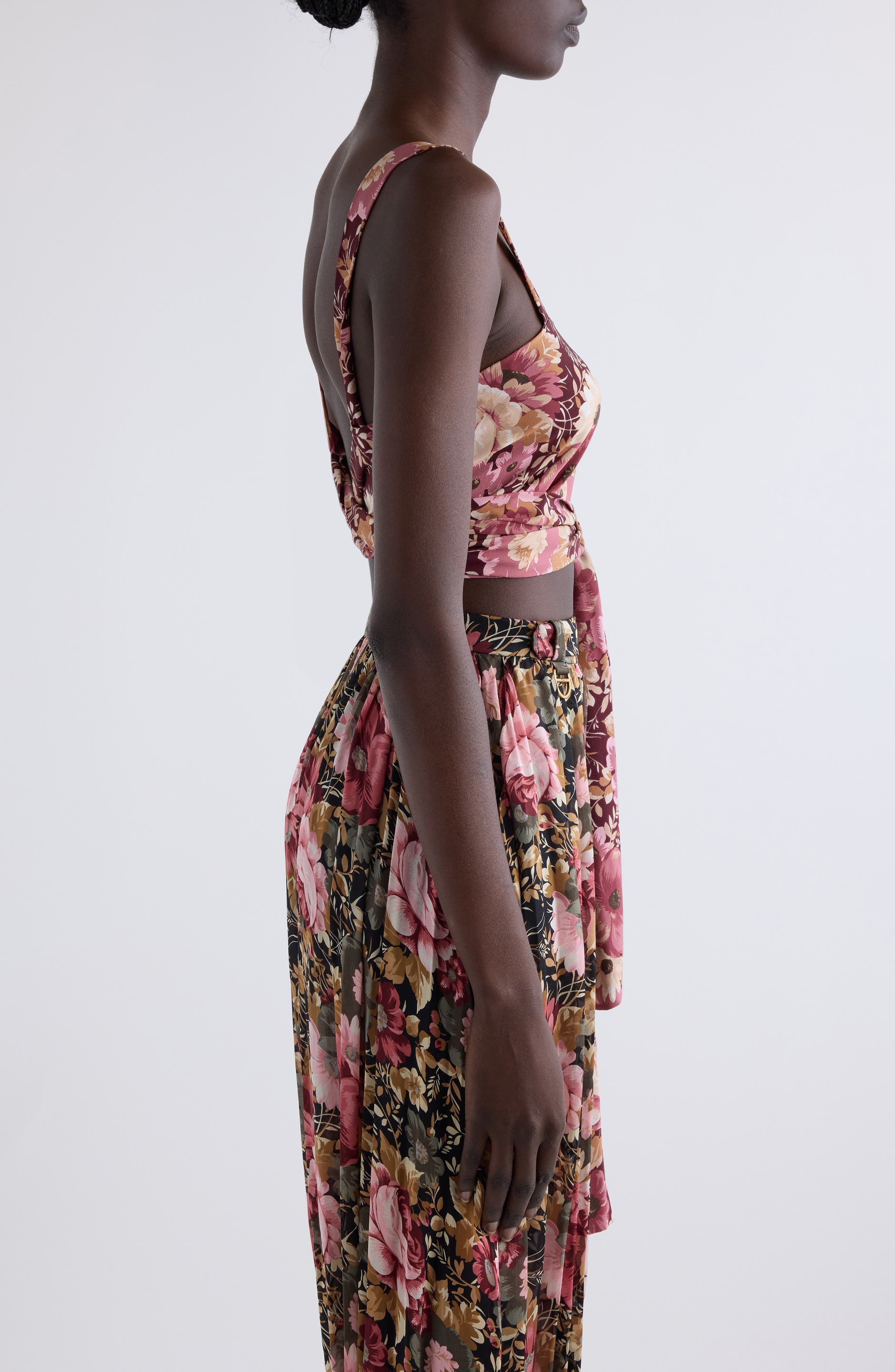 Chloé Floral Print Tie Front Silk Twill Crop Top in Maroon Pink at Nordstrom - 4