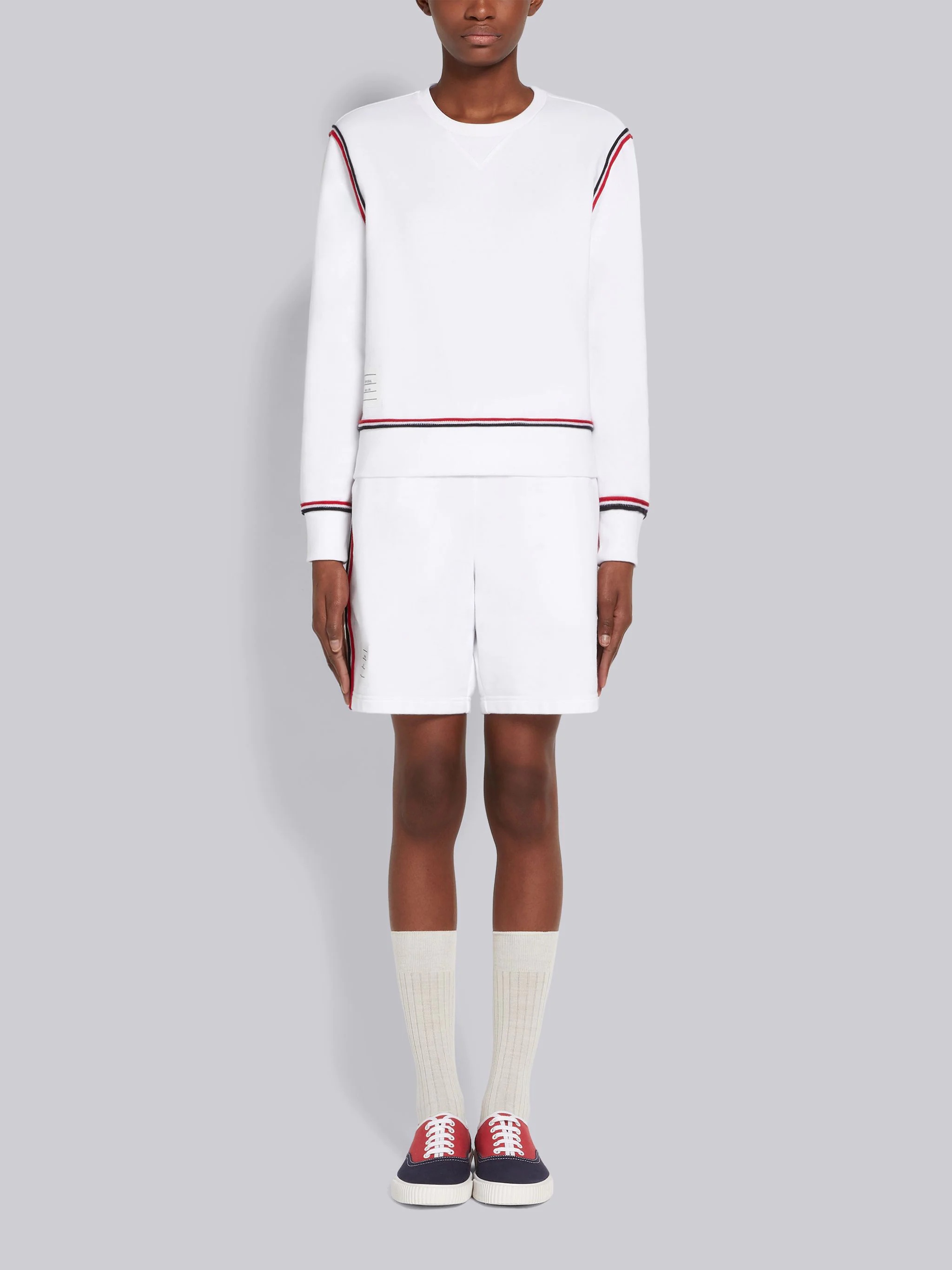 White Cotton Loopback Contrast Stripe Framing Mid-thigh Shorts - 4