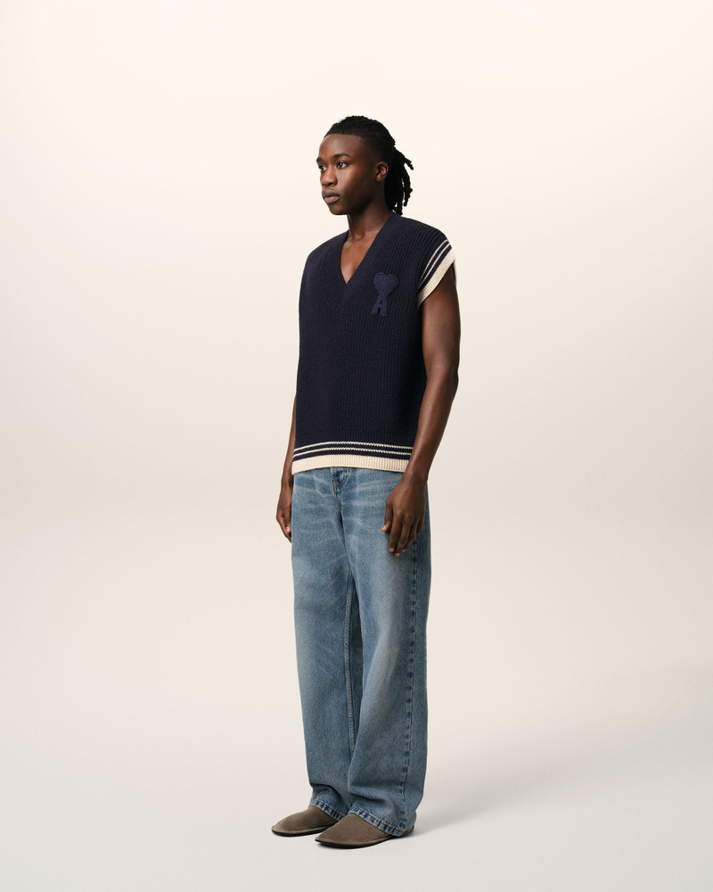 NAVY WOOL RIBBED SLEEVELESS V NECK SWEATER 6