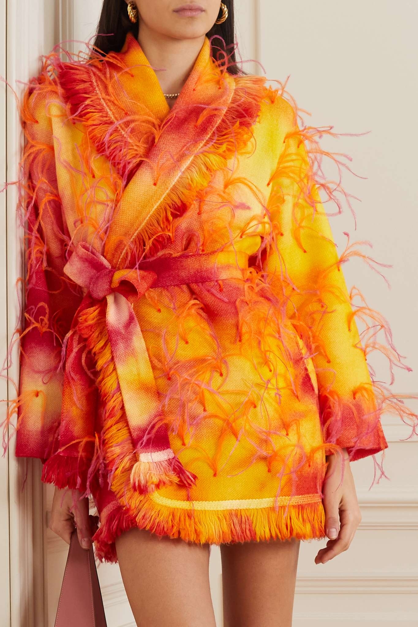 Sunset belted feather-trimmed tie-dyed wool cardigan - 3