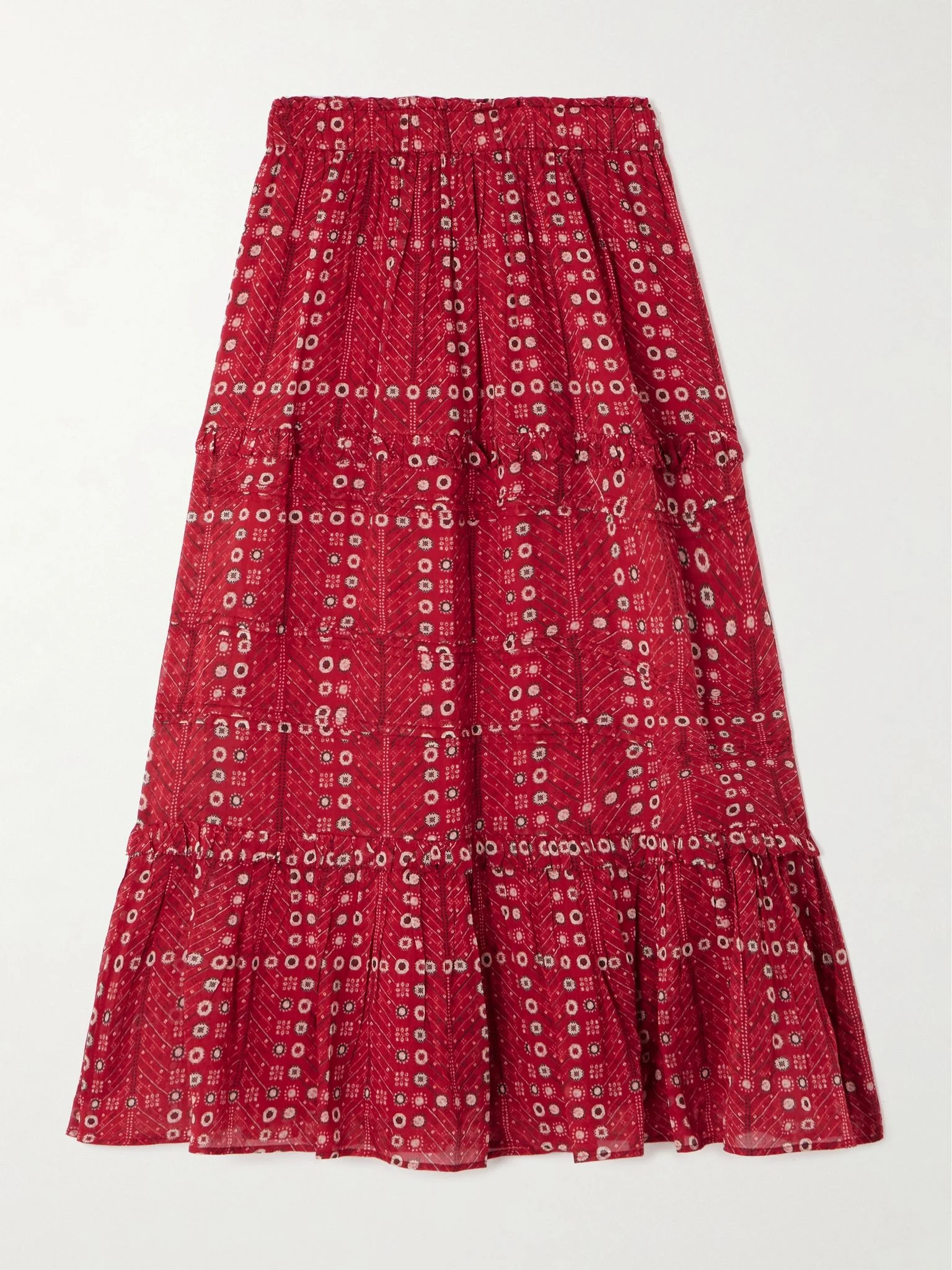 Diya tiered printed cotton-voile midi skirt Red - 1
