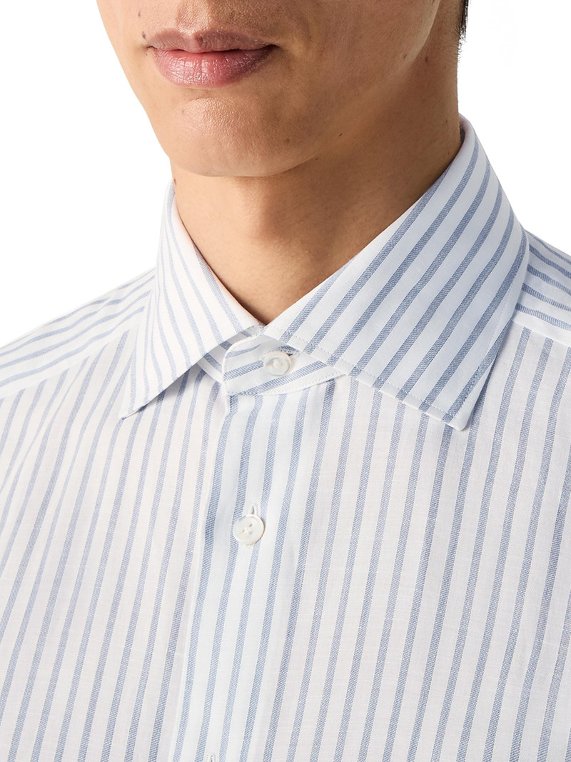 Men's Striped Cotton Linen and Silk Shirt - Dark Indigo Blue White 4