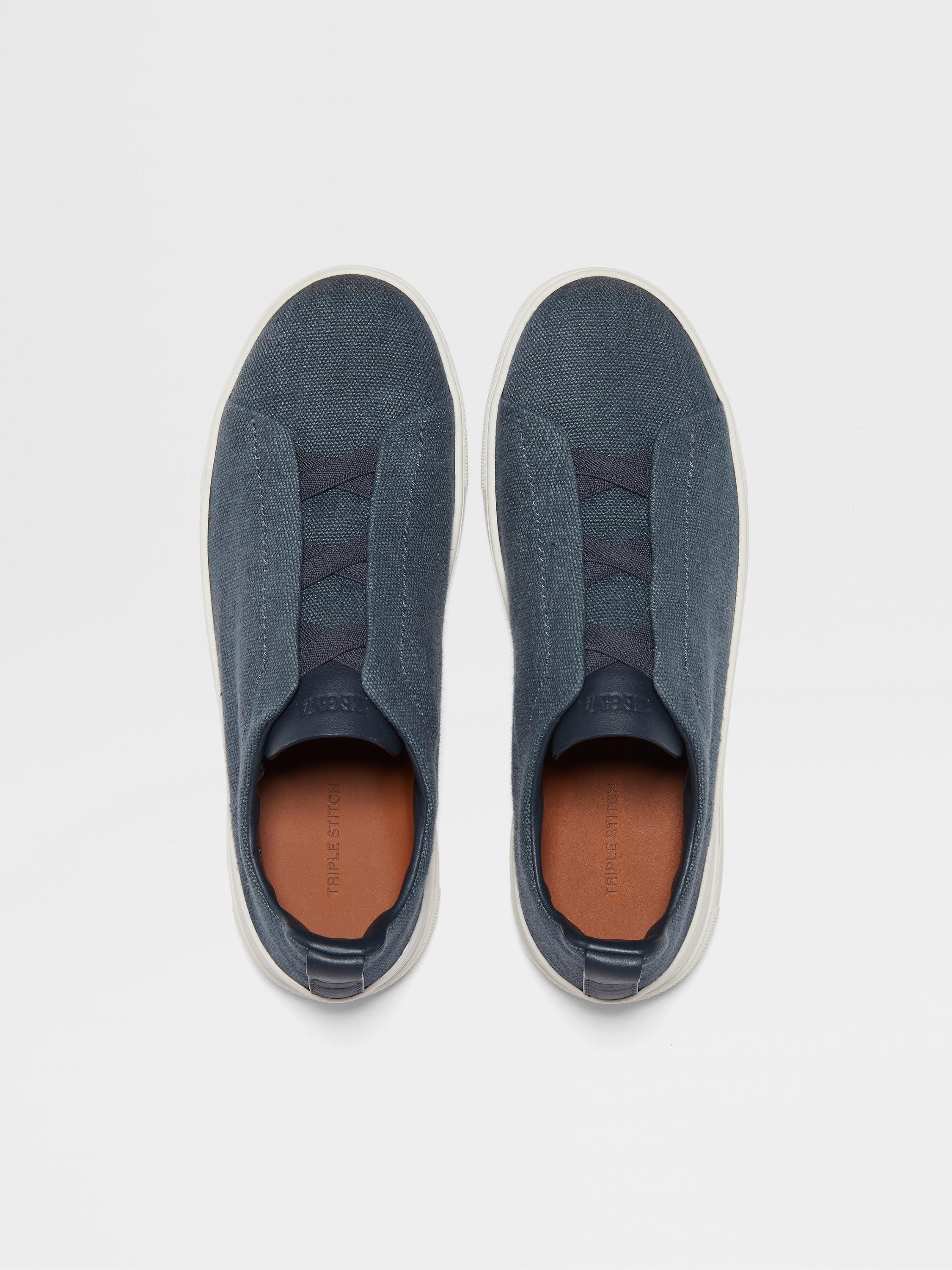 DARK TEAL BLUE COTTON LINEN AND LEATHER TRIPLE STITCH™ SNEAKERS - 3