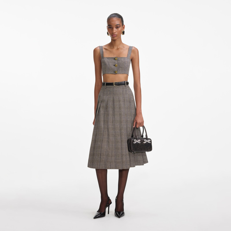Brown Check Pleated 미디 스커트 1