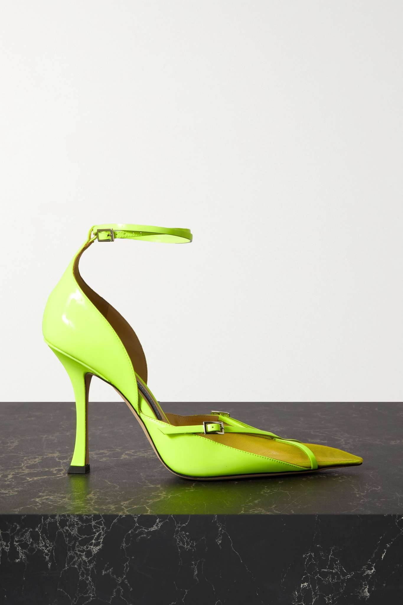 + Mugler Strap 100 buckled neon leather and mesh pumps - 1