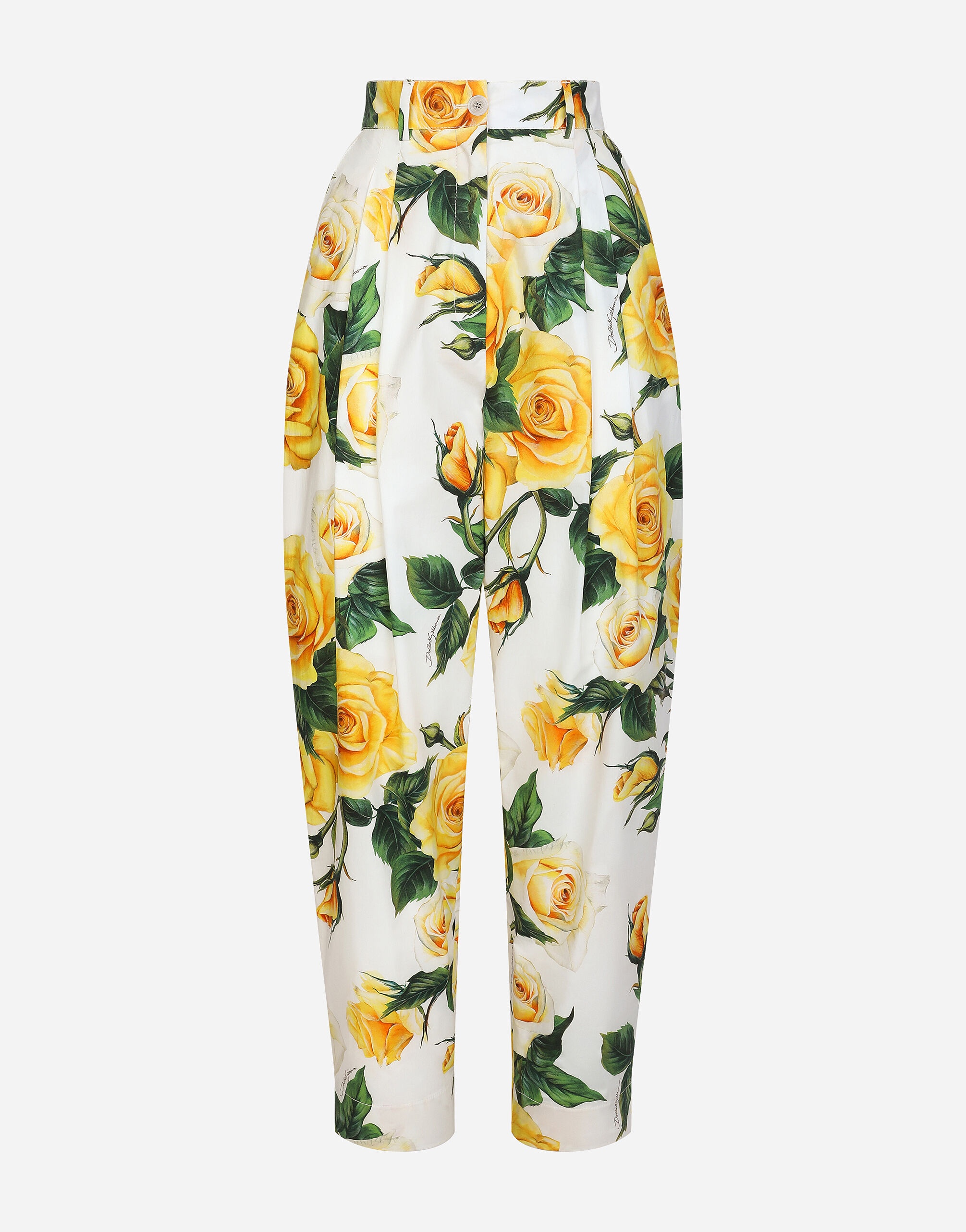 High-waisted cotton pants with yellow rose print - 1