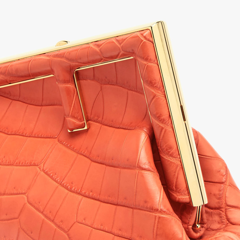 Small Fendi First bag in exquisite red crocodile leather with an oversized F metal clasp with tone o 5