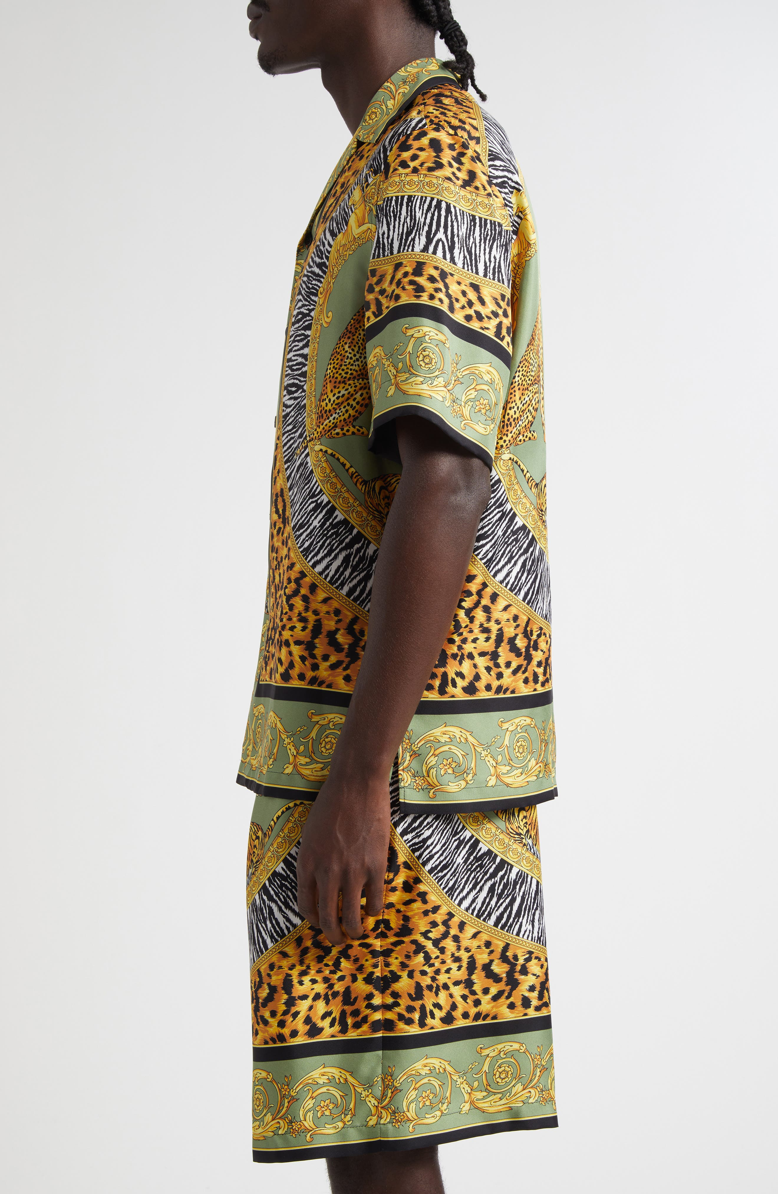 Versace Wild Cats Silk Camp Shirt in Green Black at Nordstrom - 3