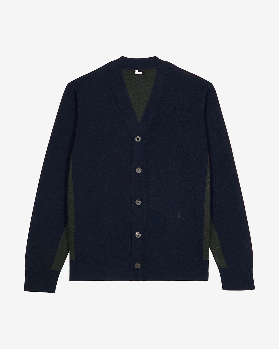 NAVY DOUBLE-SIDED WOOL CARDIGAN - 1