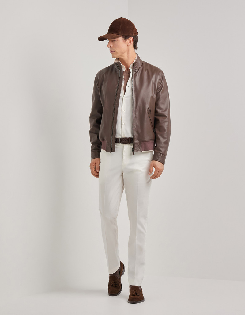 CARAMEL MIXED-MATERIAL ULTRALIGHT SUEDE BOMBER JACKET WITH KNIT INSERTS 167