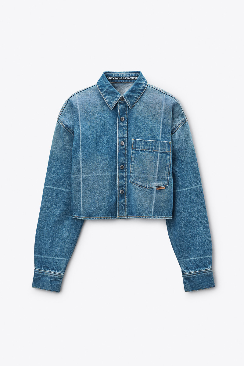 Vintage-Effect Marbled Blue Denim Cropped Shirt 1