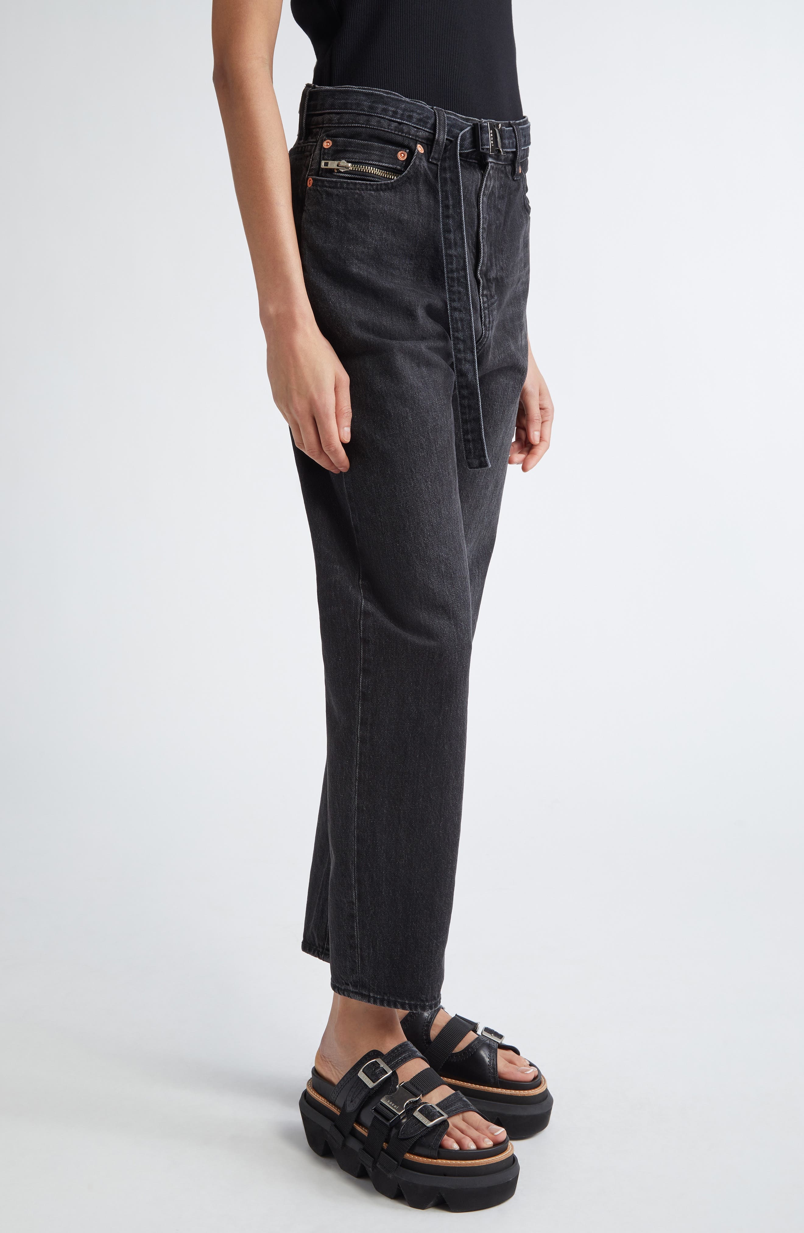 Sacai Belted Straight Leg Jeans in Black at Nordstrom - 4