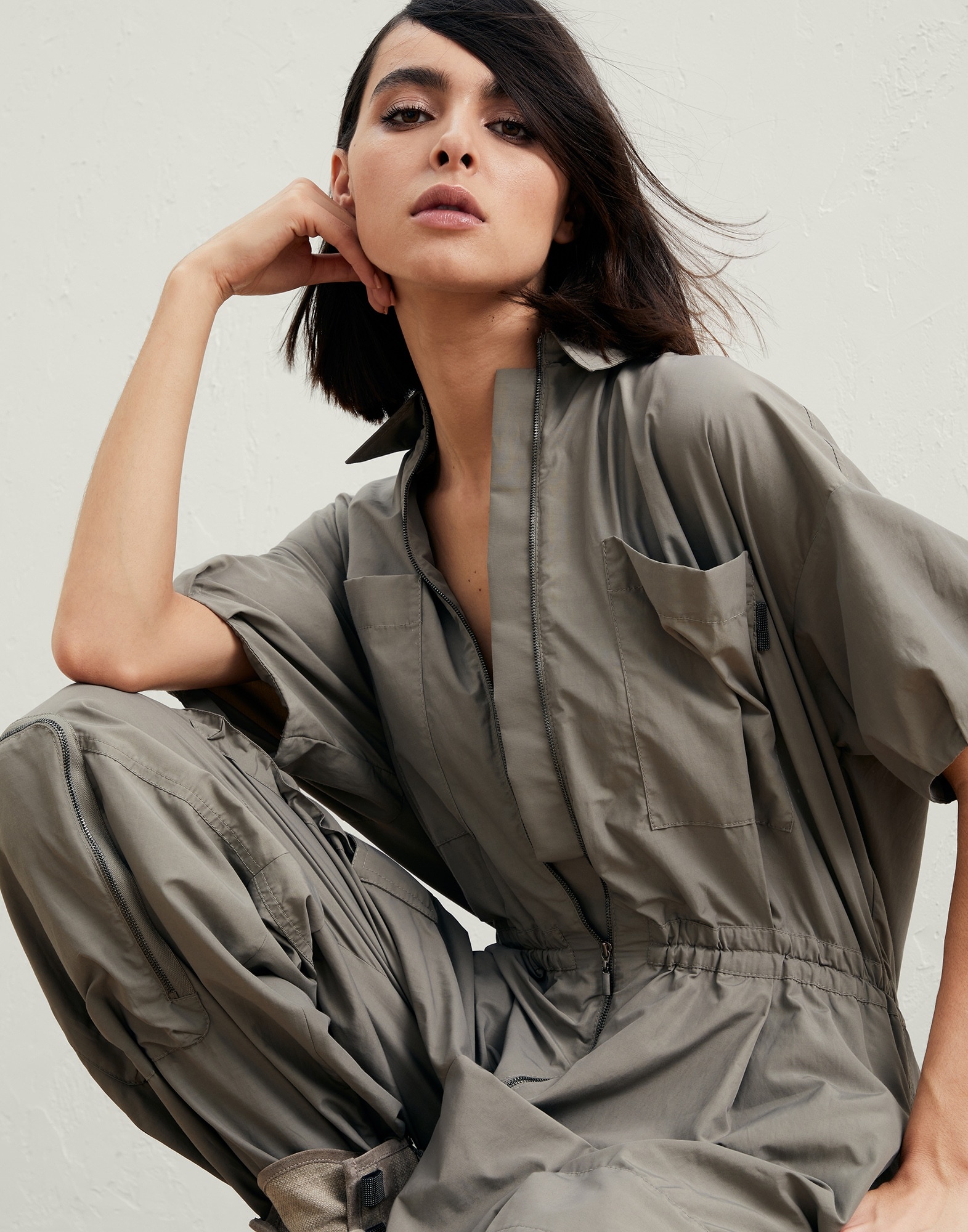 Techno cotton poplin utility jumpsuit with shiny tab - 4