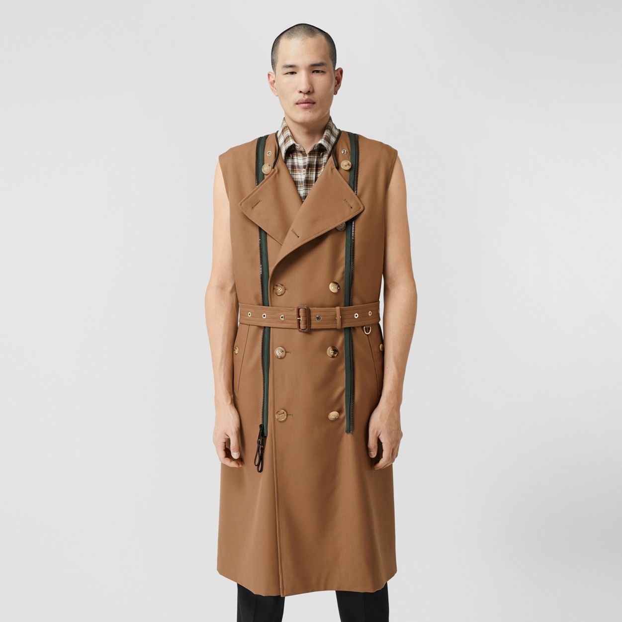 Sleeveless Wool Trench Coat with Detachable Puffer - 11