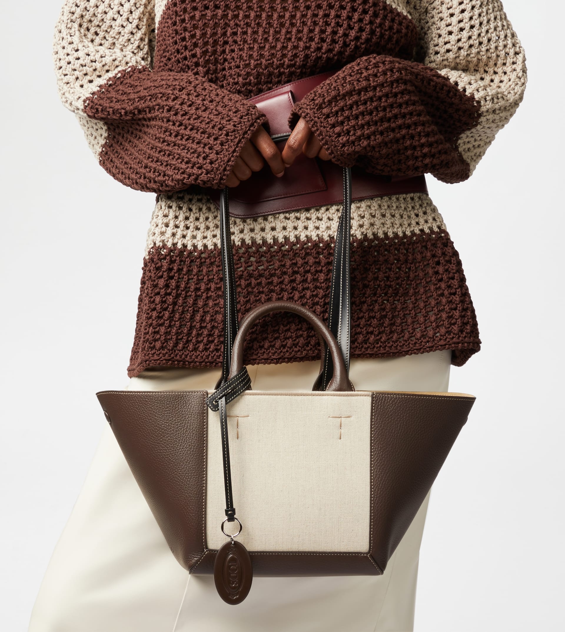 TOD'S DOUBLE UP SHOPPING BAG IN LEATHER AND CANVAS SMALL - BROWN, OFF WHITE - 2