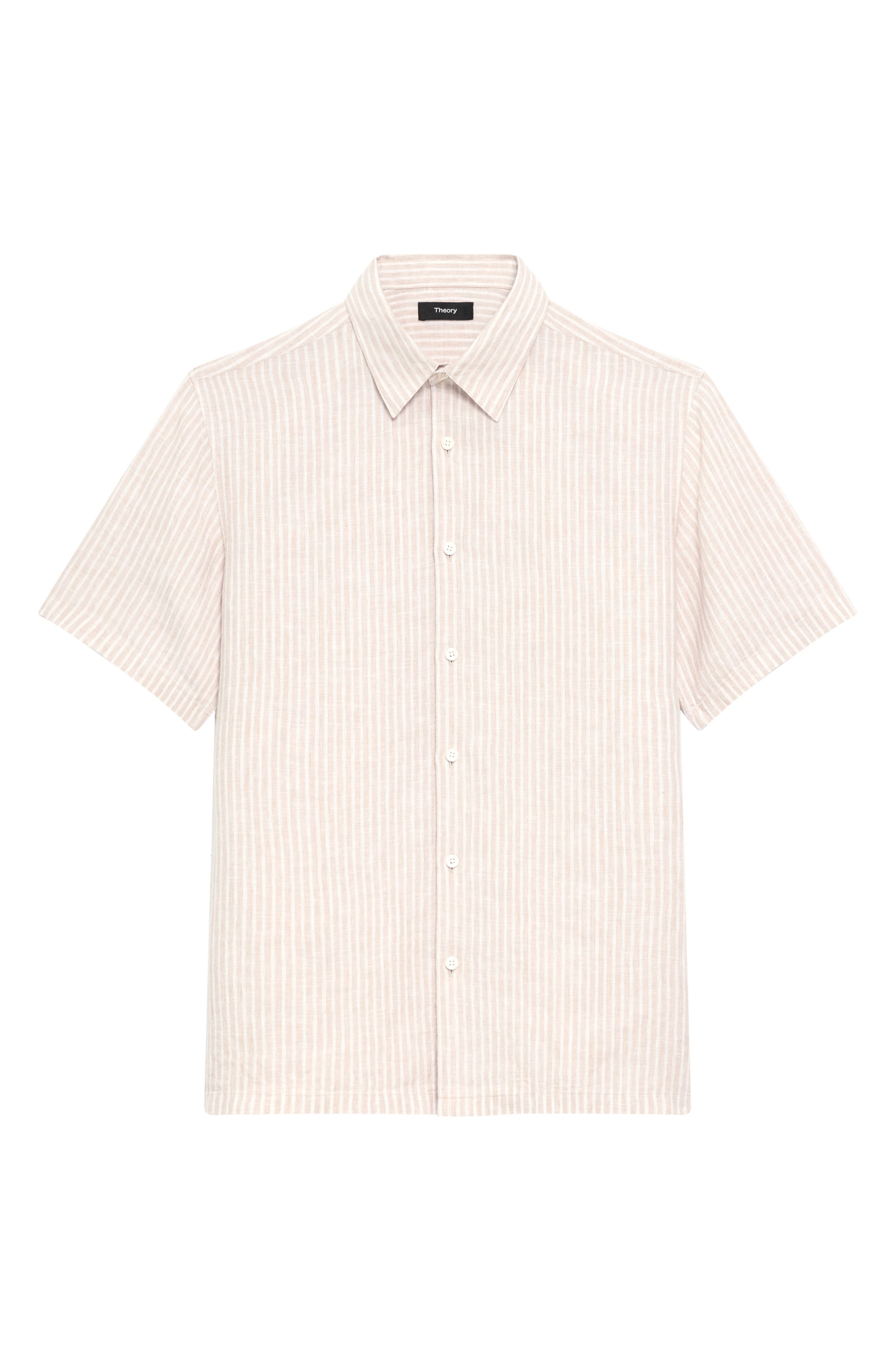Theory Irving Stripe Short Sleeve Linen Button-Up Shirt in Chino/White at Nordstrom - 3