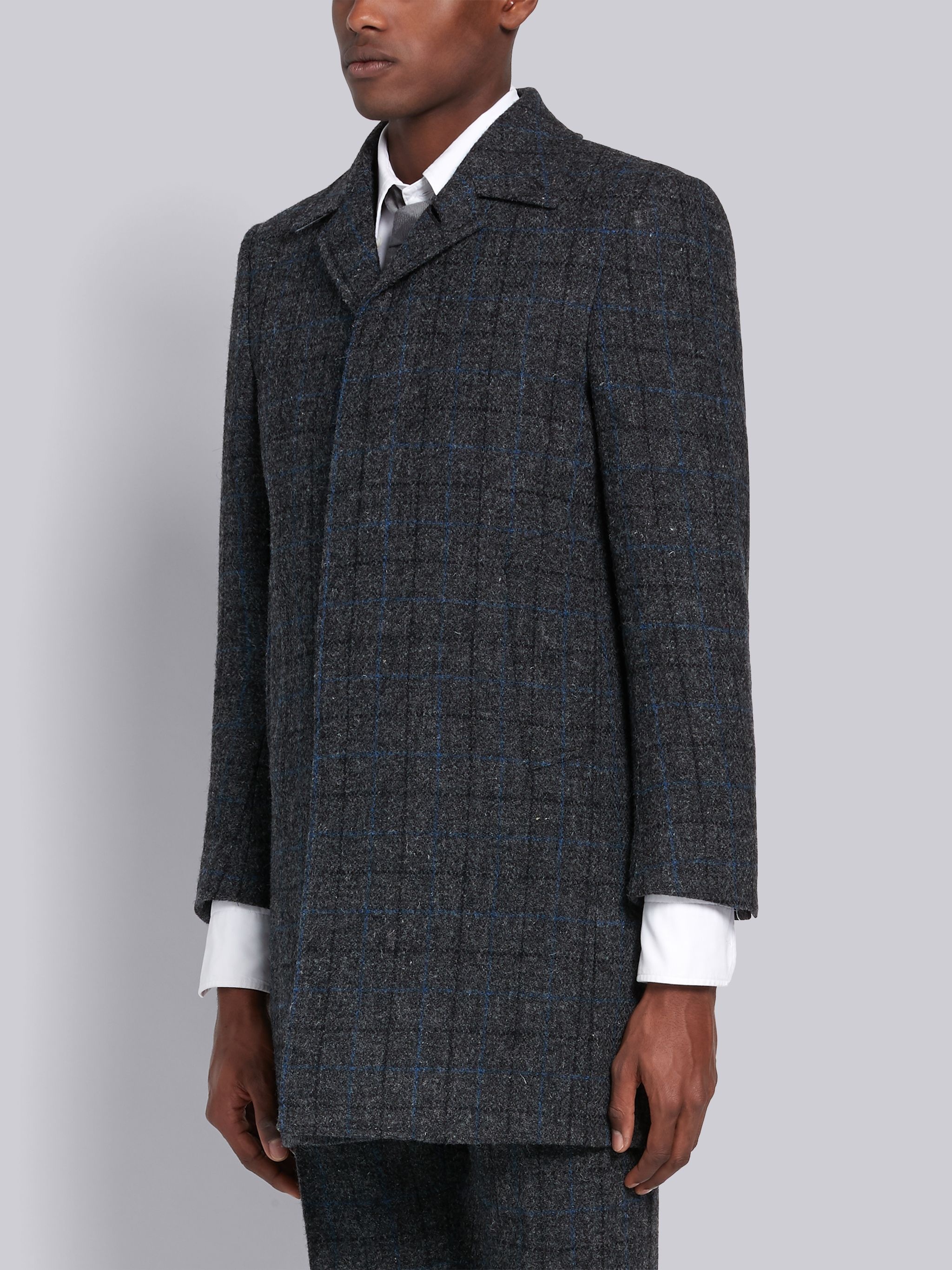 Dark Grey Wool Tattersall Check Classic Bal Collar Overcoat - 3