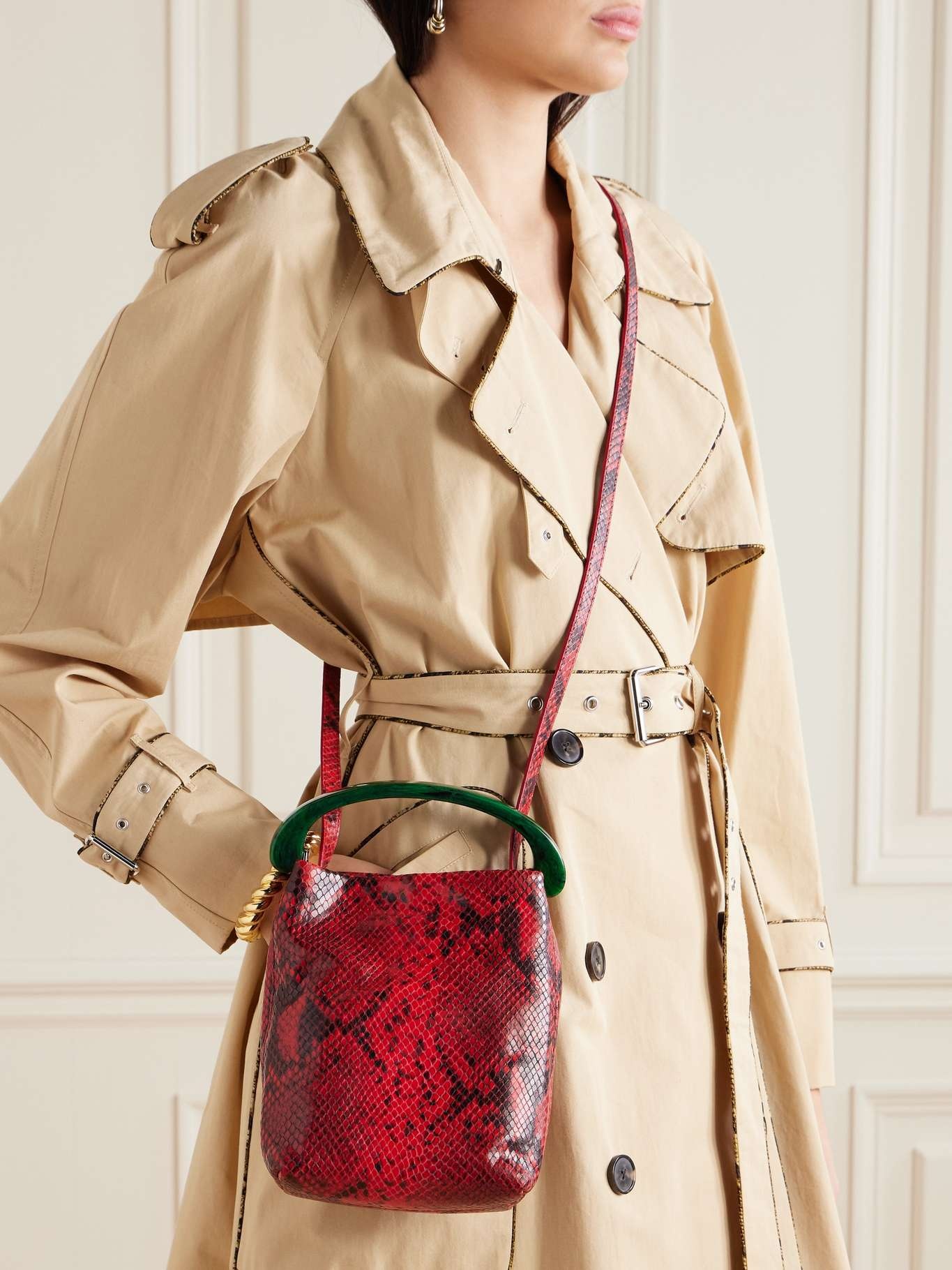 Dries Van Noten Snake-effect leather shoulder bag Red
