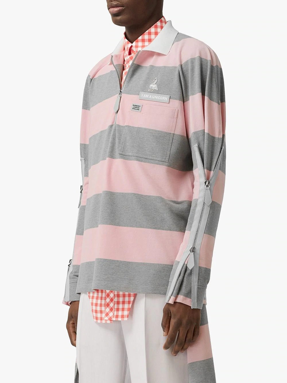 long-sleeved zip detail striped polo shirt - 3