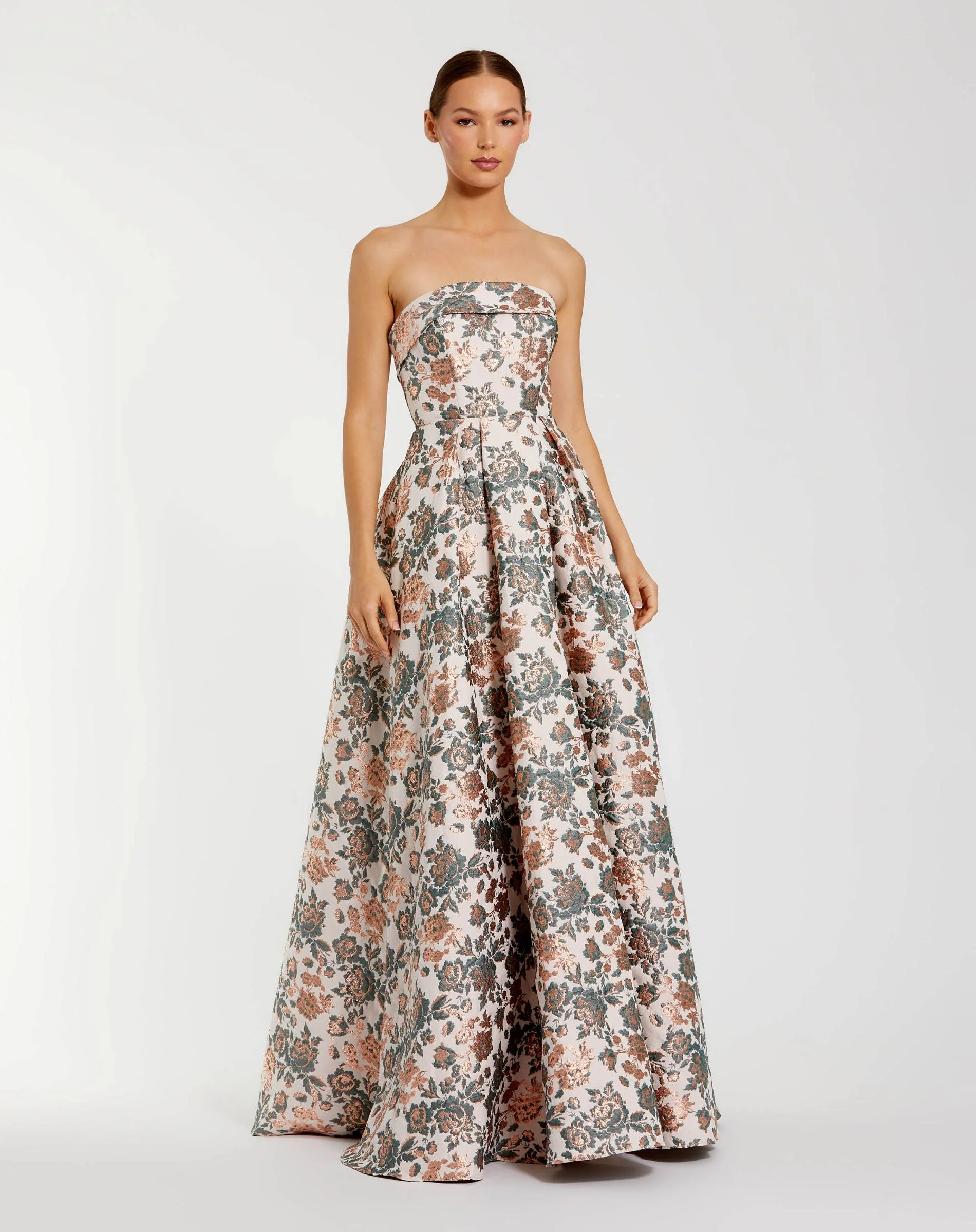 Multicolor Strapless Floral Brocade Ball Gown - 1