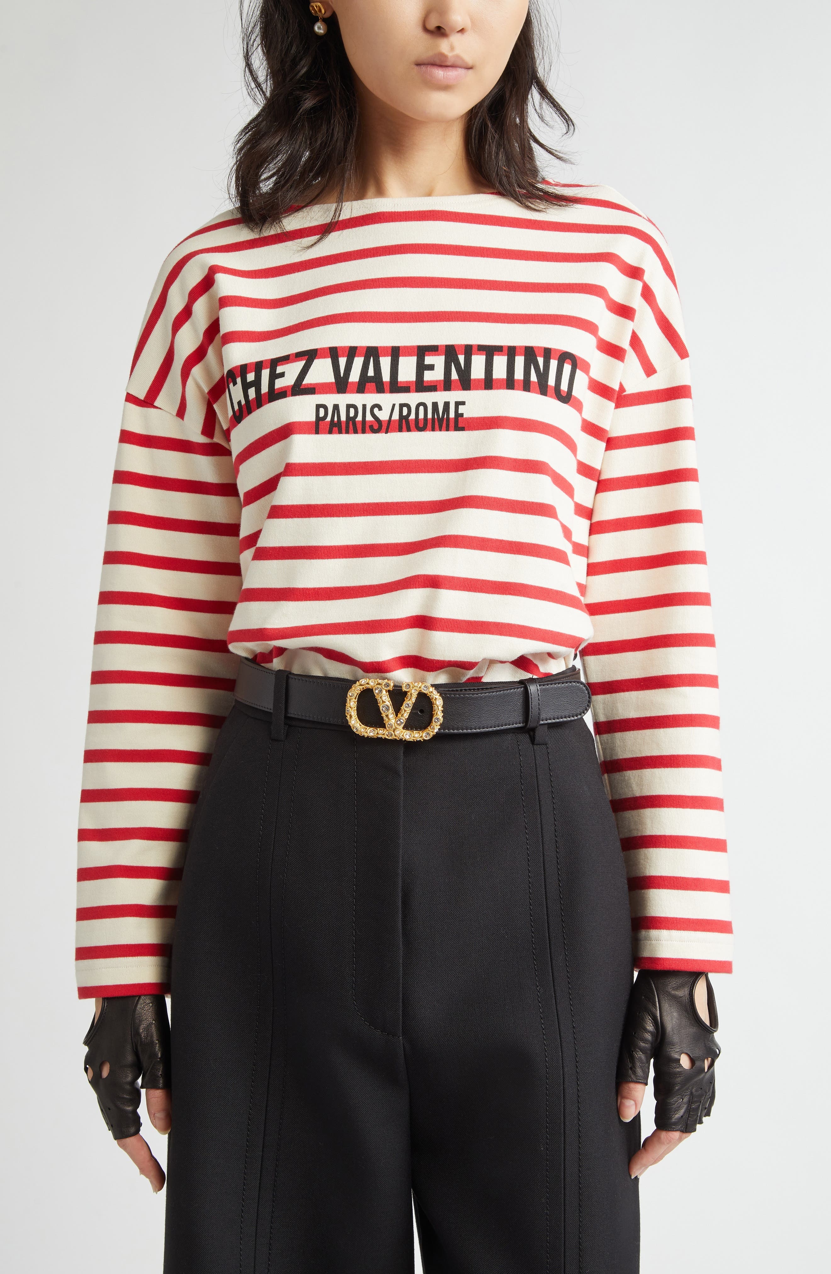 Valentino Garavani Stripe Logo Long Sleeve Cotton T-Shirt in Avorio/rosso at Nordstrom - 1