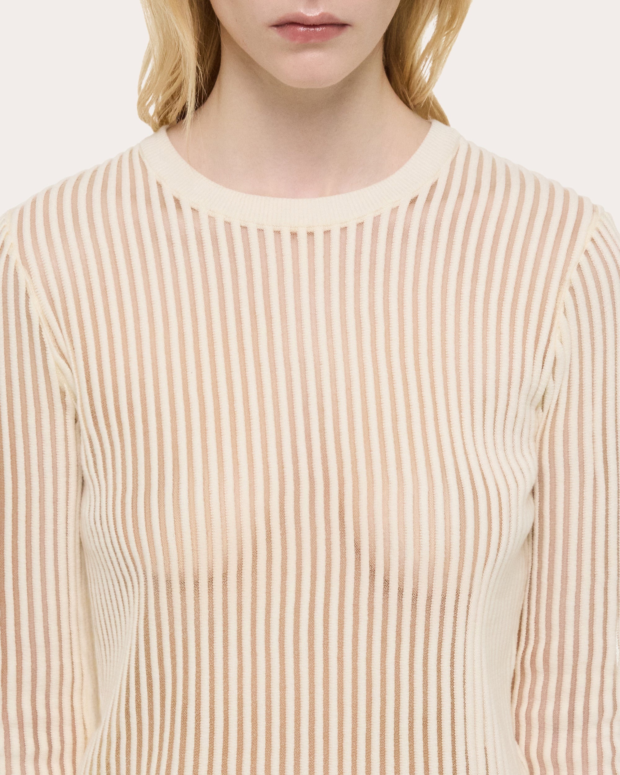 Sheer Stripe Ribbed Cotton Crewneck Sweater - 4