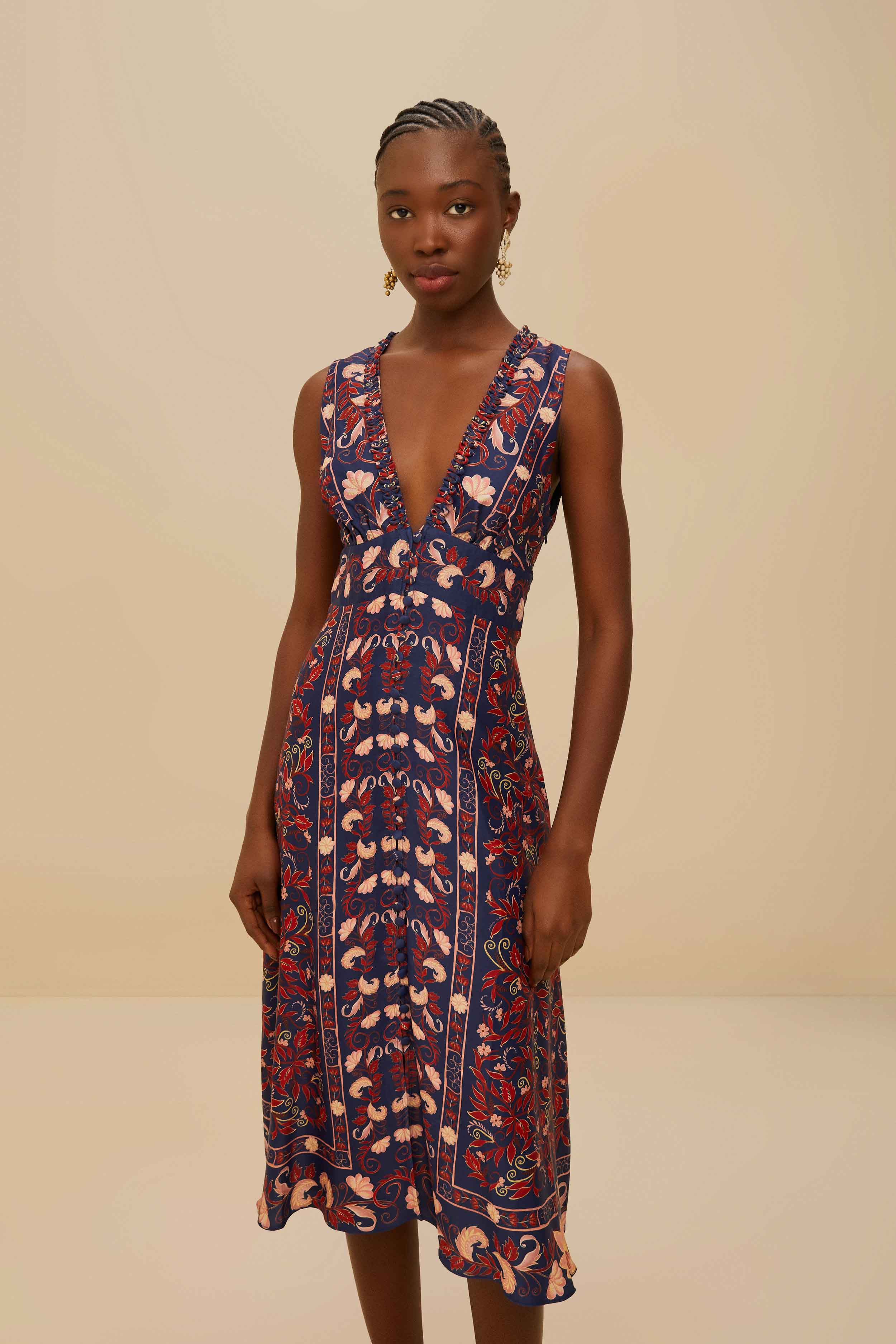 Boho Floral Scarf Navy Blue Midi Dress - 2