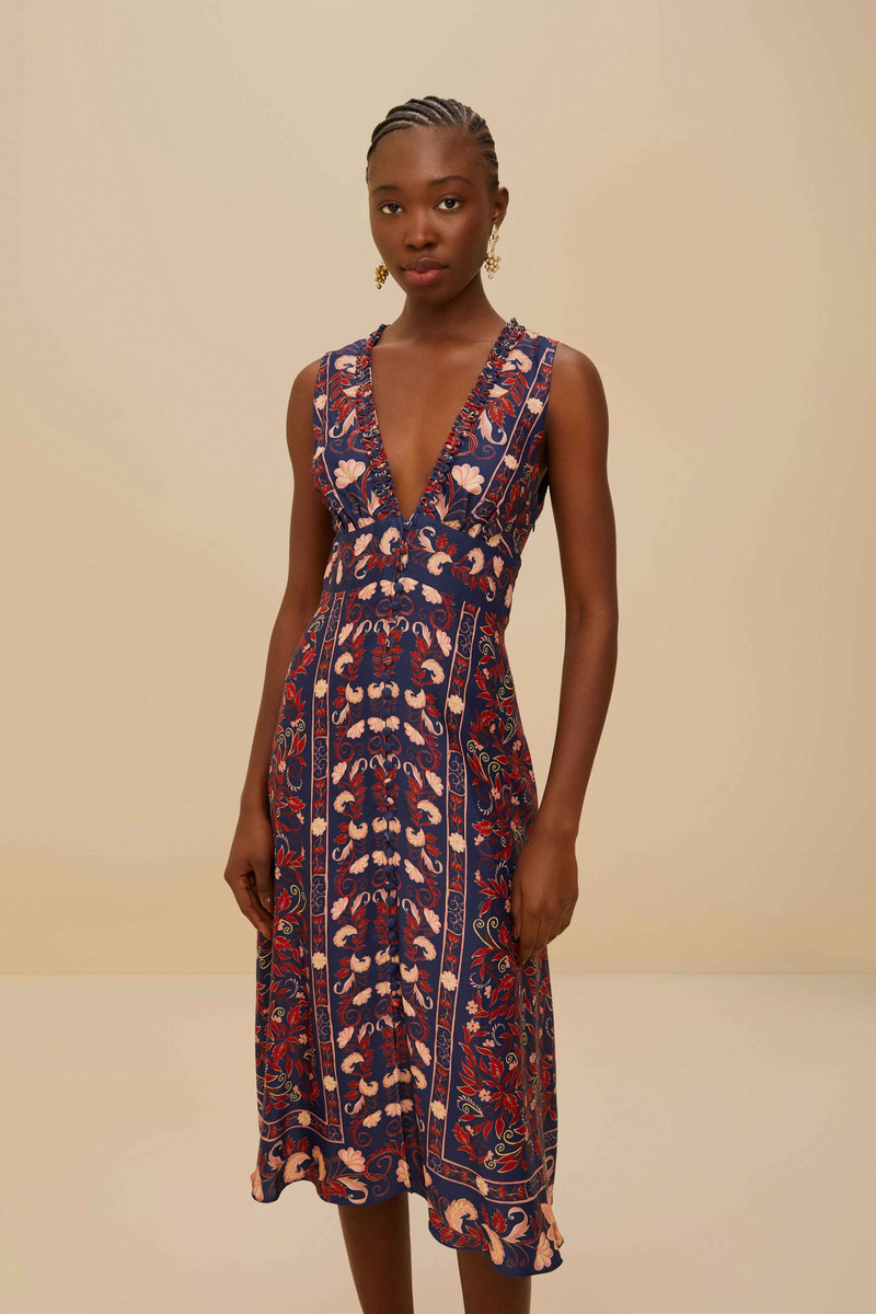 FARM RIO Boho Floral Scarf Navy Blue Midi Dress outlook
