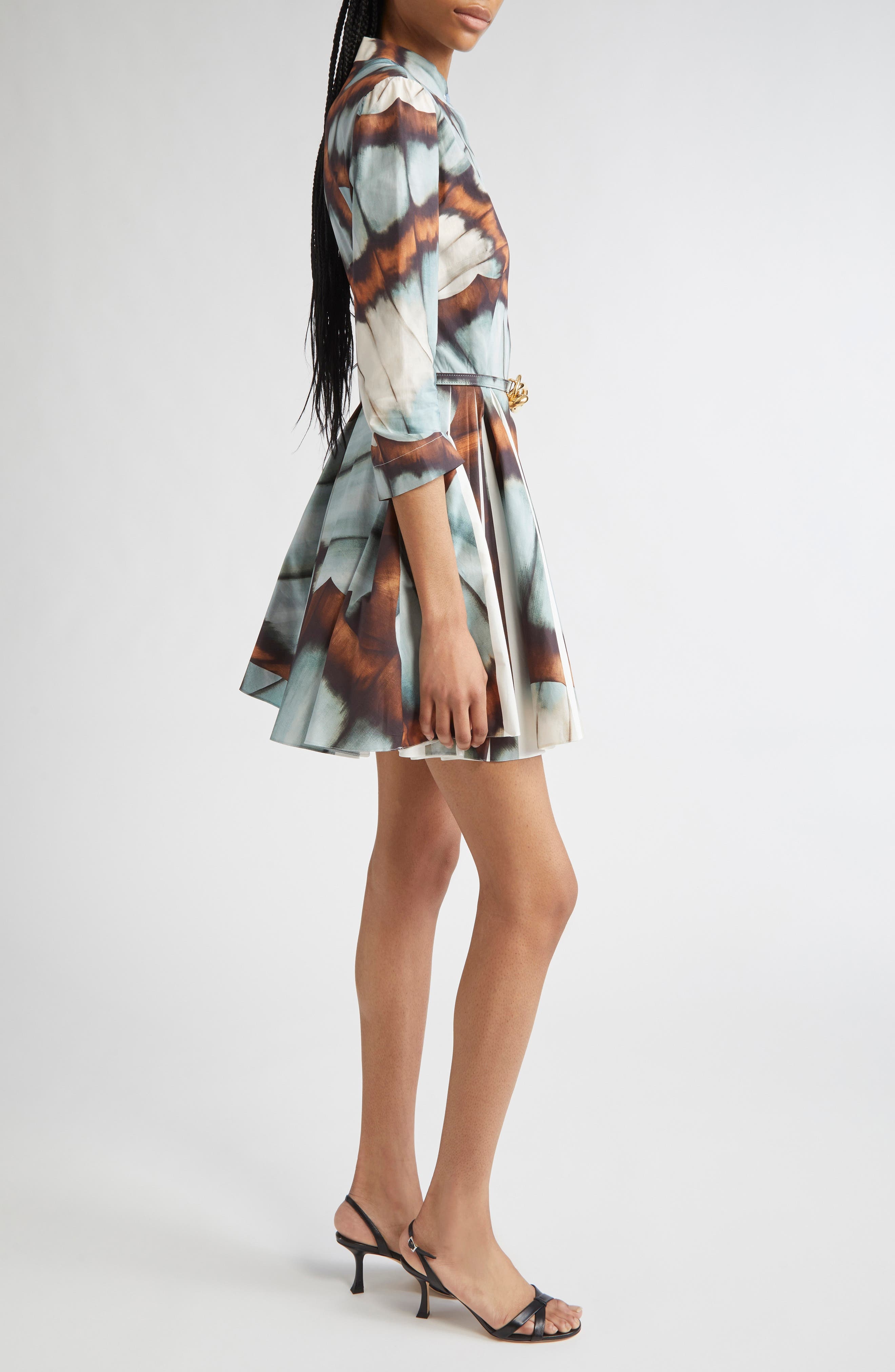 Oscar de la Renta Butterfly Print Belted Stretch Poplin Shirtdress in Blue Multi at Nordstrom - 3