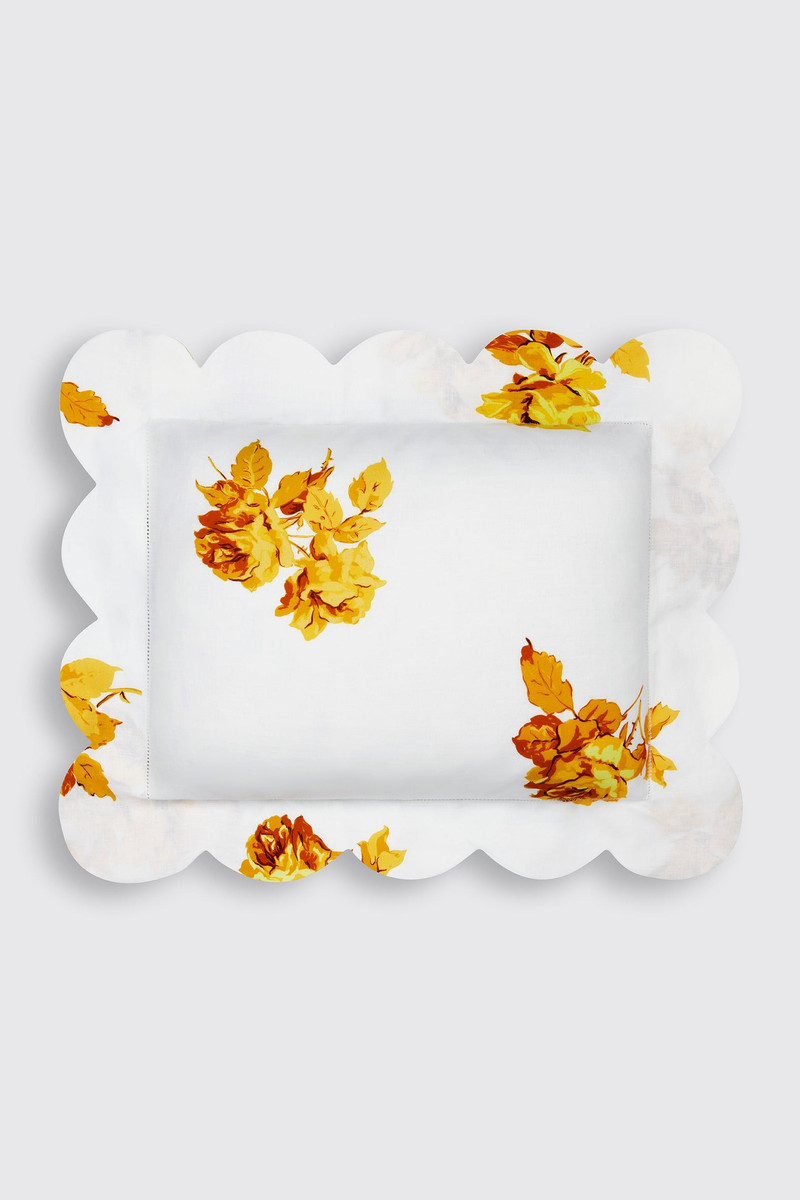 Roma Ajour Pillow Slip in Large Yellow Roses Print on White Linen 1