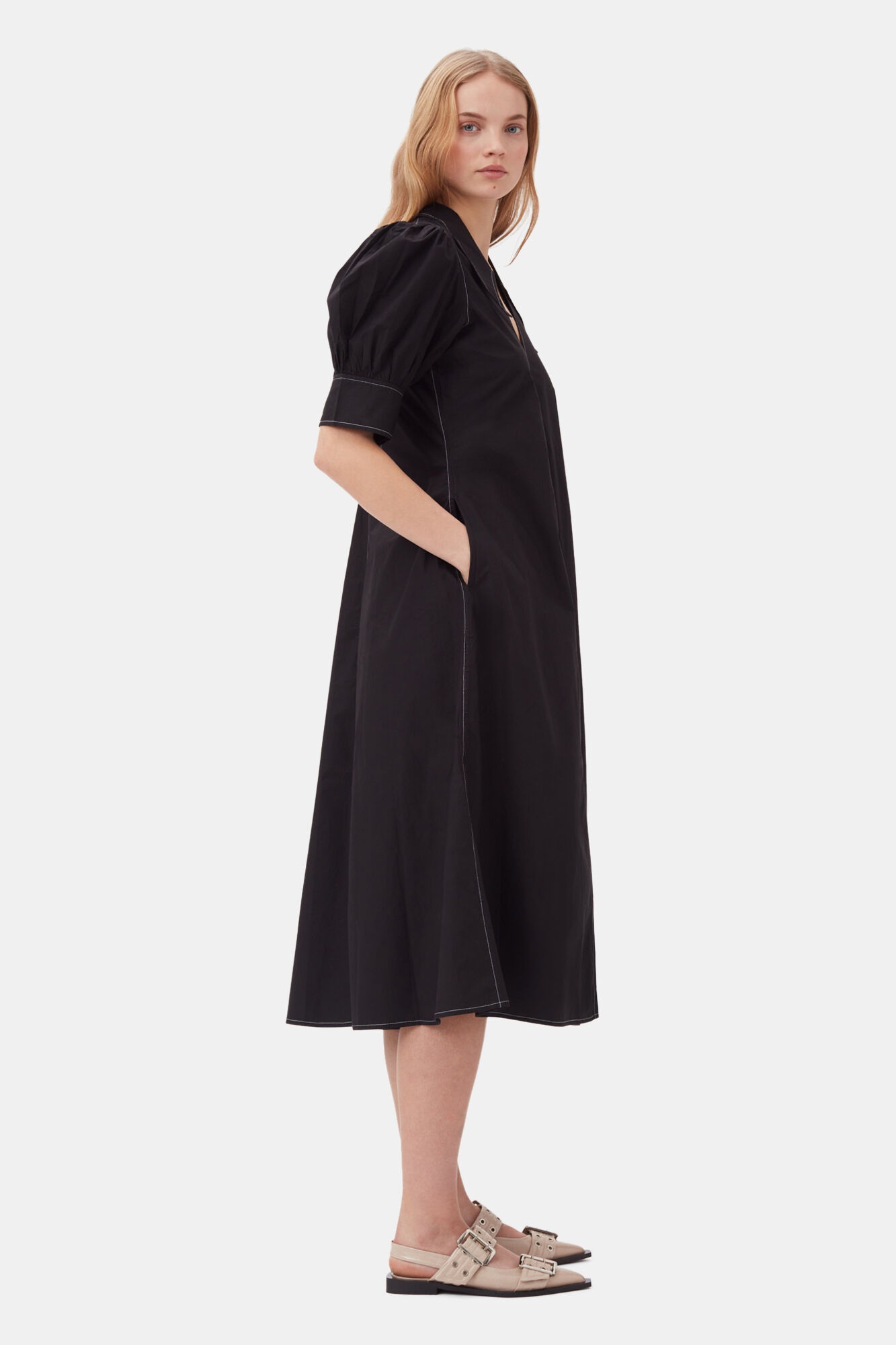 COTTON POPLIN V-NECK MIDI DRESS - 4