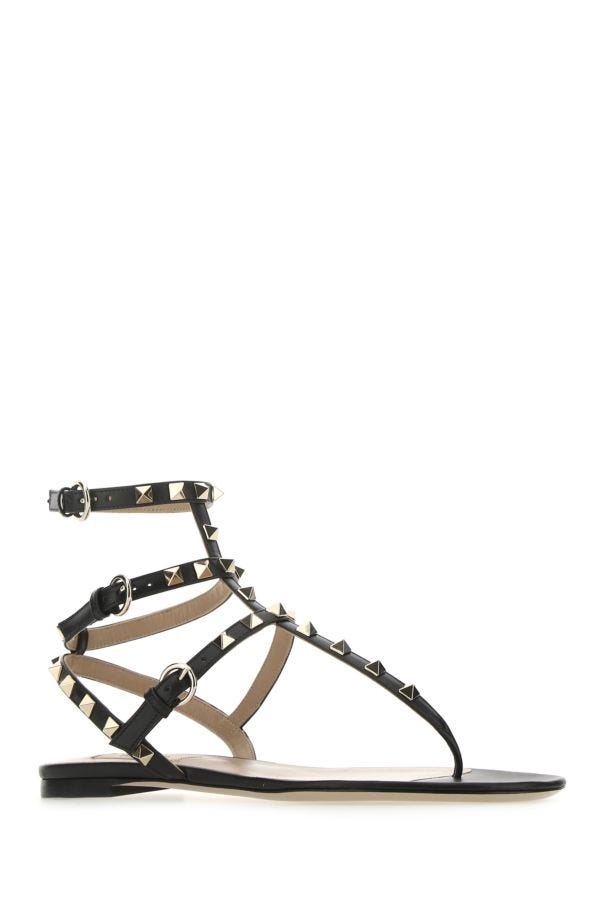 Valentino Garavani Woman Black Leather Rockstud Thong Sandals - 2