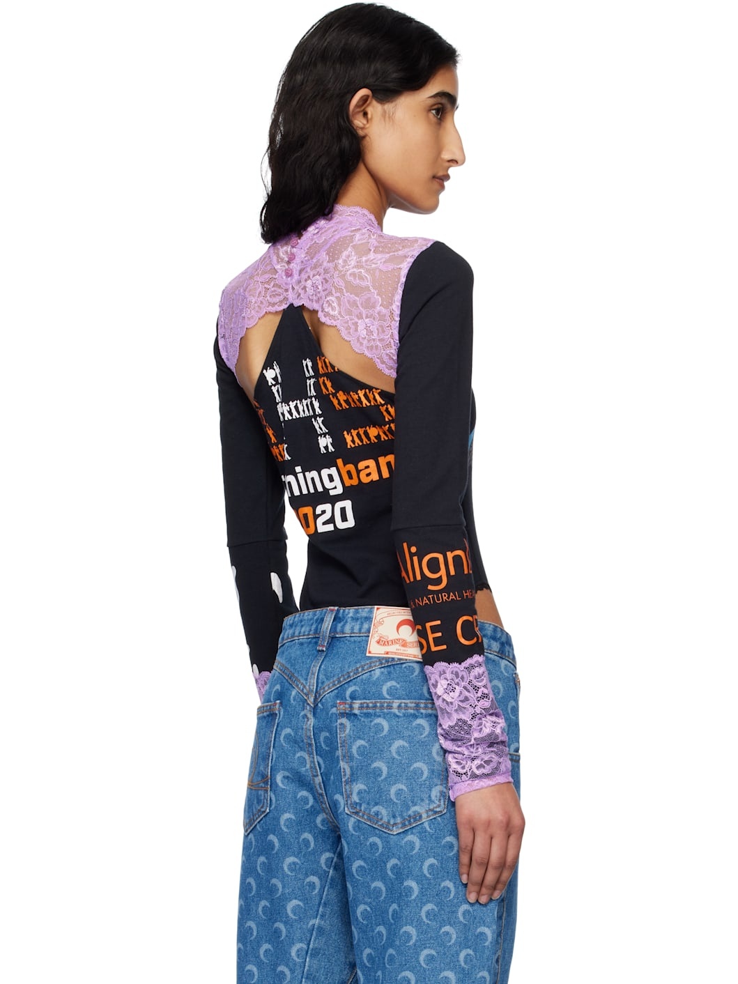 Black Regenerated T-shirts & Lace Long Sleeve Bodysuit - 3