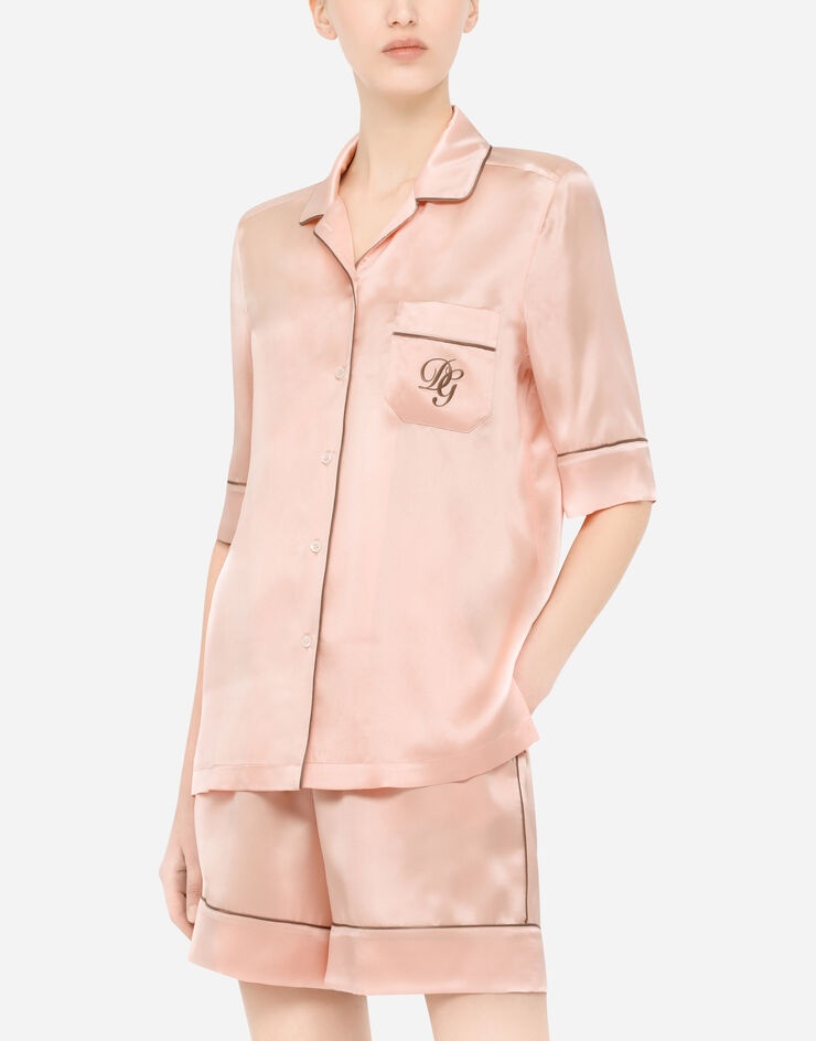 Short-sleeved satin pajama shirt with DG embroidery - 4