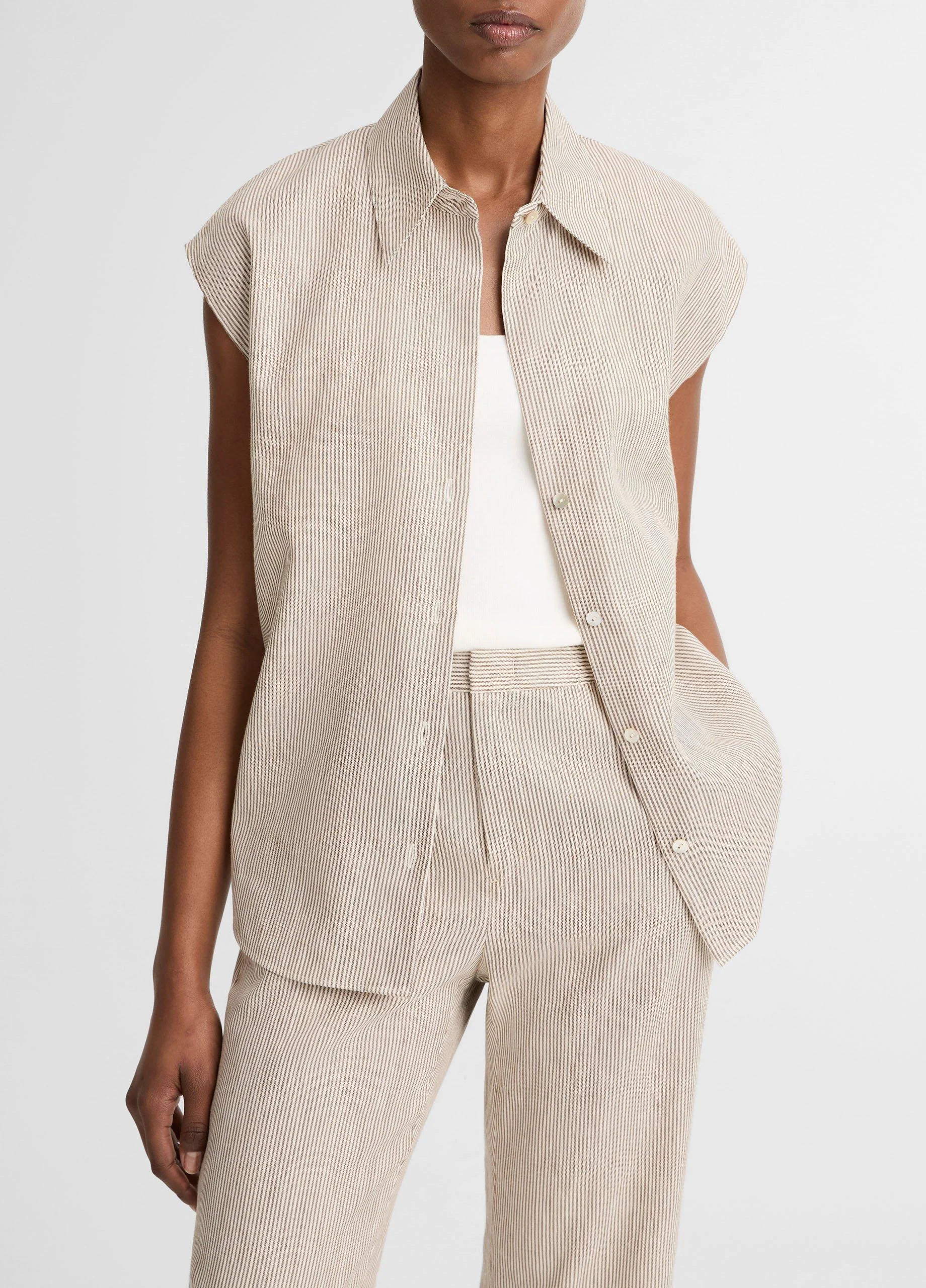 Ticking Stripe Linen-Cotton Cap-Sleeve Blouse - 1