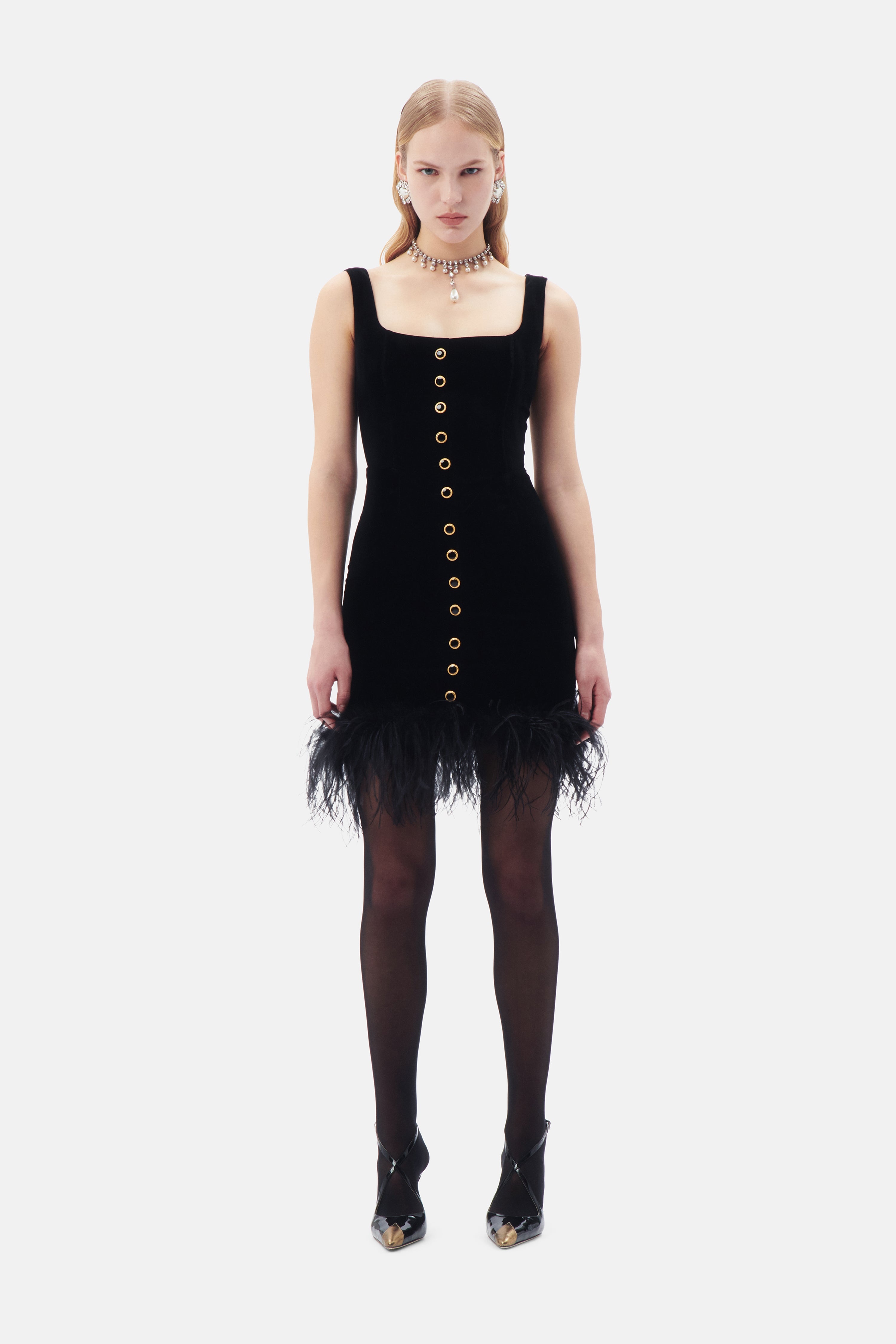 VELVET MINI DRESS WITH FEATHERS - 4