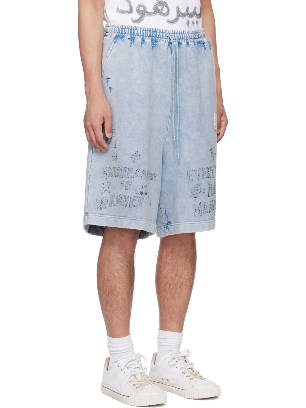 Blue Bleached Graffiti Print Sweat Shorts - 2