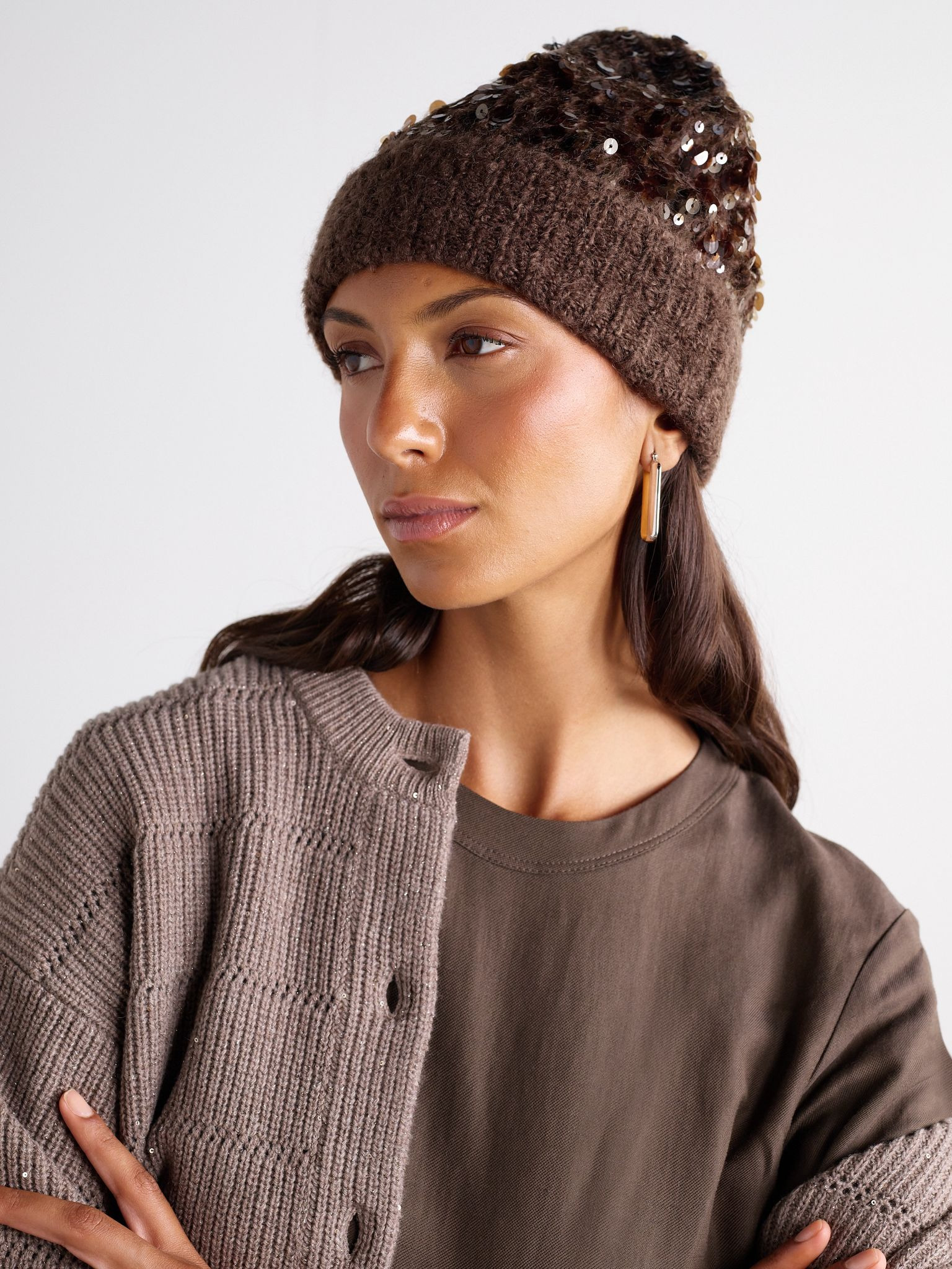 Sequined ribbed mohair-blend beanie Brown - 2