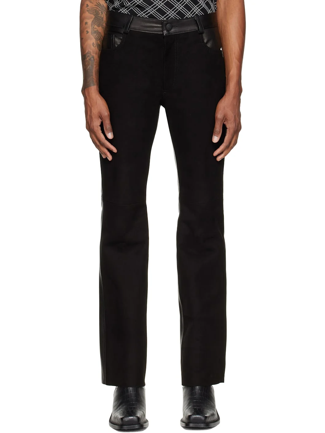 Black Five Pocket Leather & Suede Trousers - 1