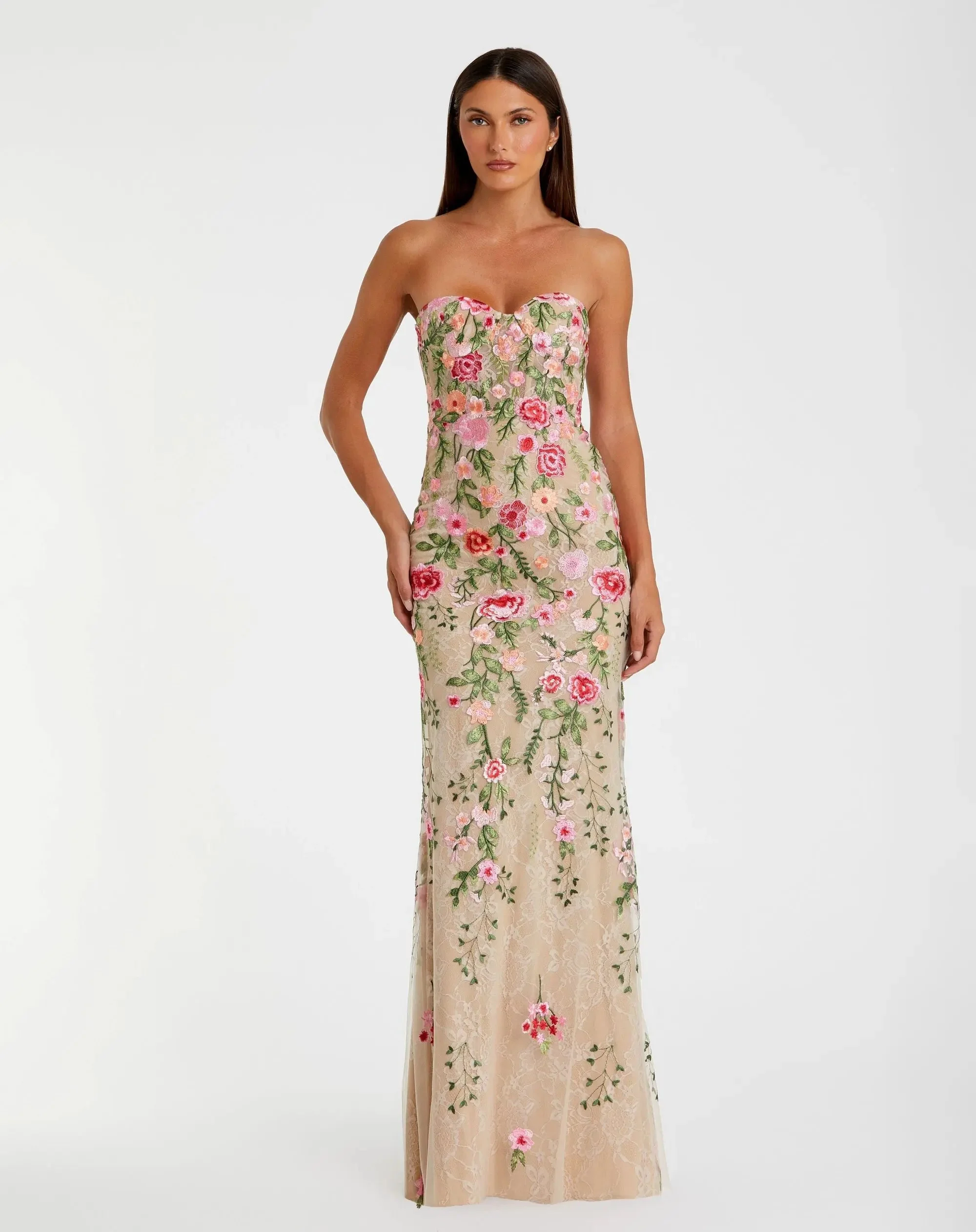 Beige Floral Embroidered Strapless Bustier Gown - 1