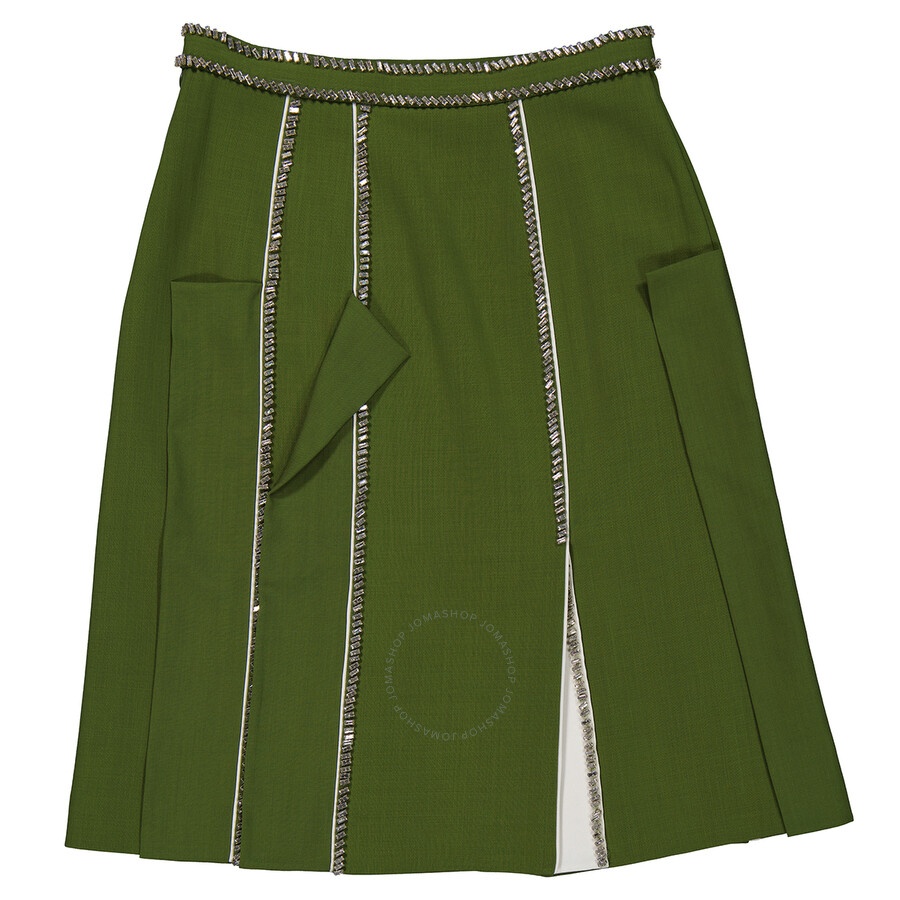 Burberry Ladies Cedar Green Crystal Detail Panelled Wool-Crepe A-Line Skirt - 2