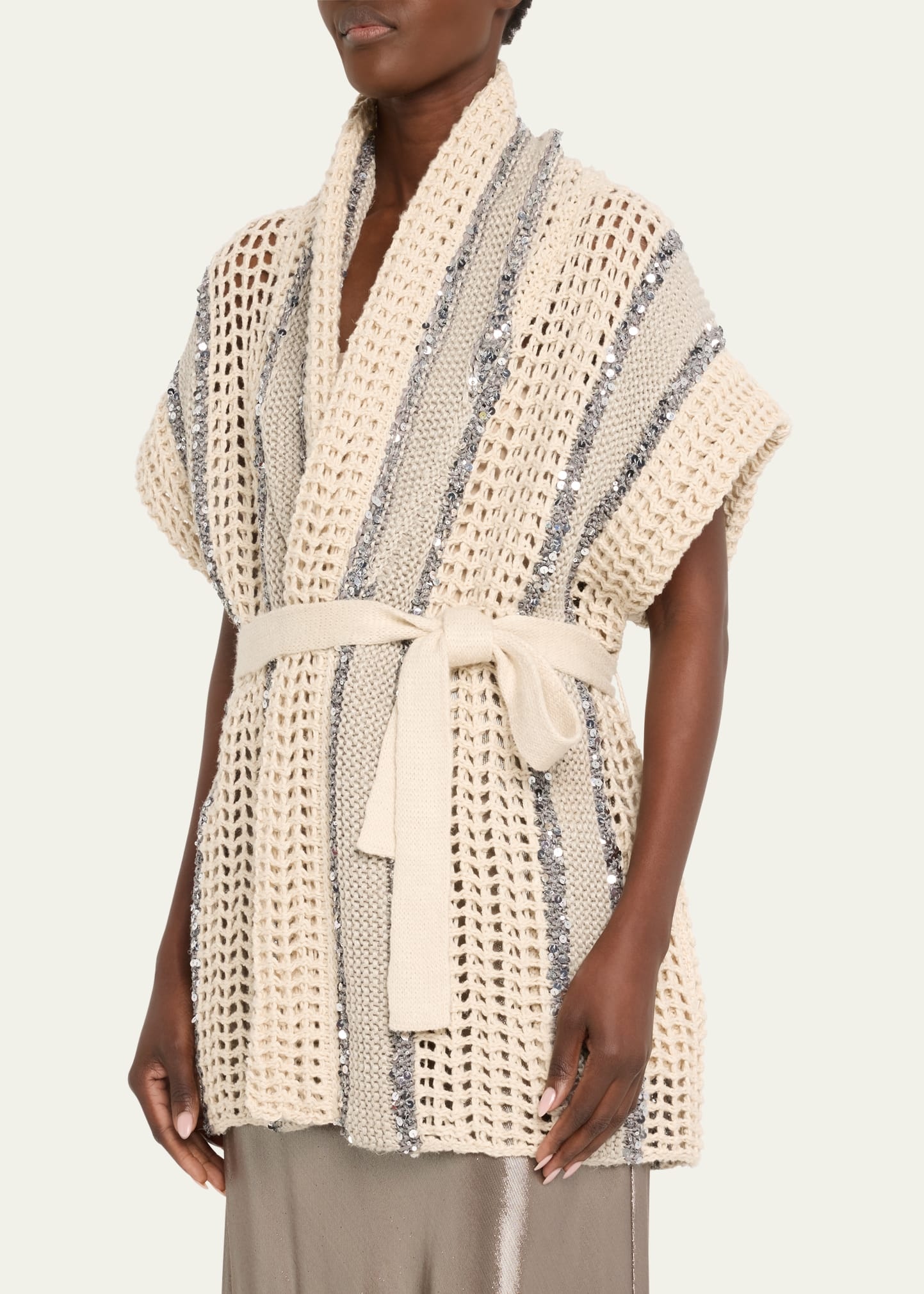 Open-Knit Long Net Cardigan with Paillette Detail - 4
