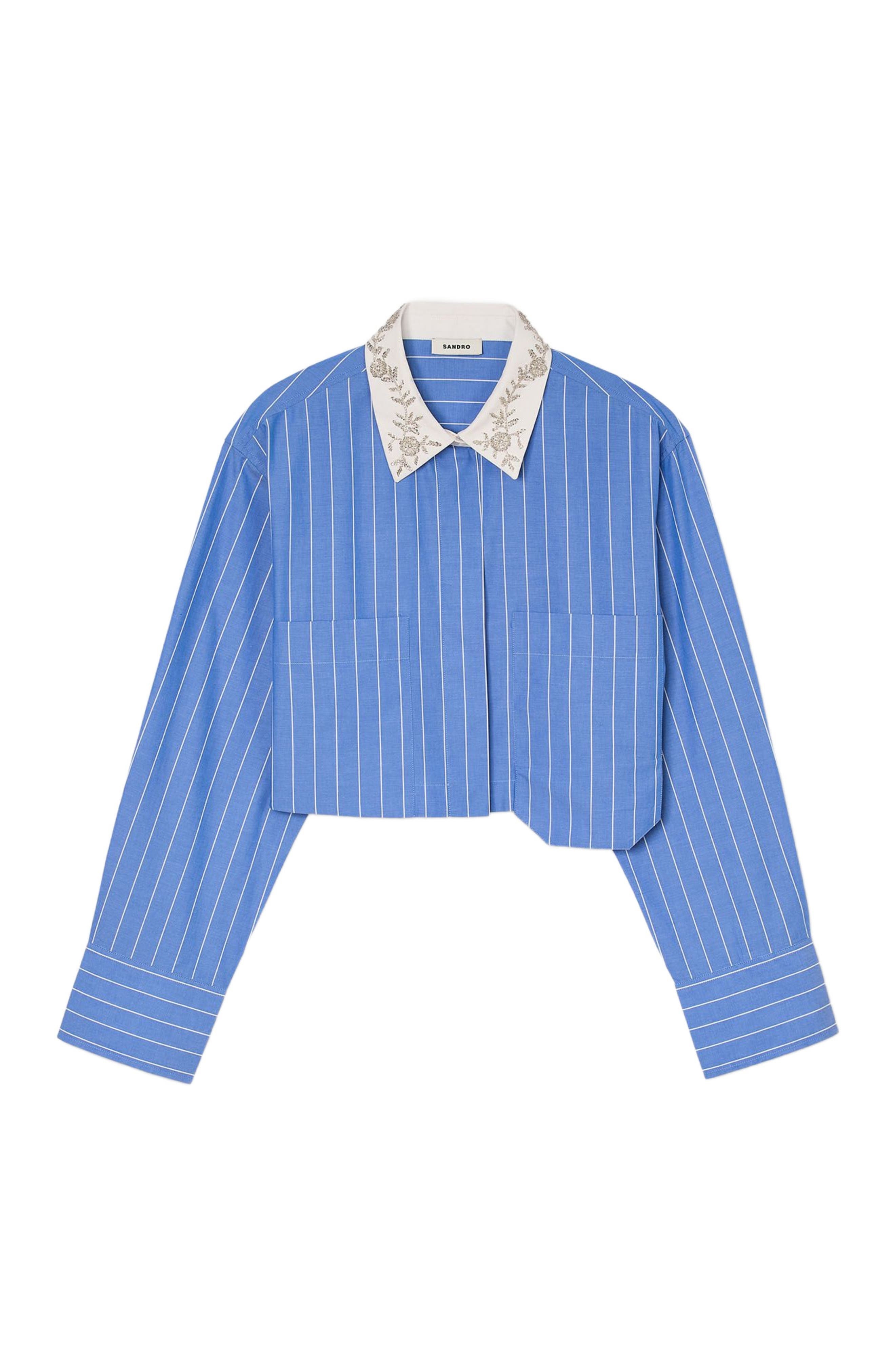 SANDRO Striped cropped shirt in Sky Blue at Nordstrom - 5