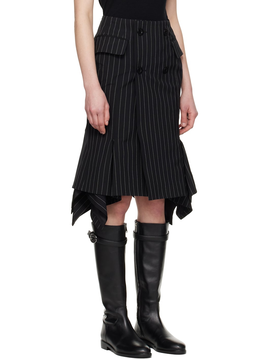 Black Wool Silk Suiting Midi Skirt - 2