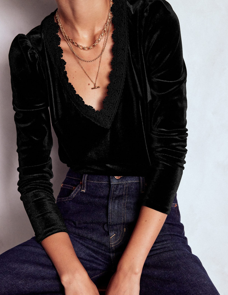 Flora V-Neck Velvet Top-Black 3