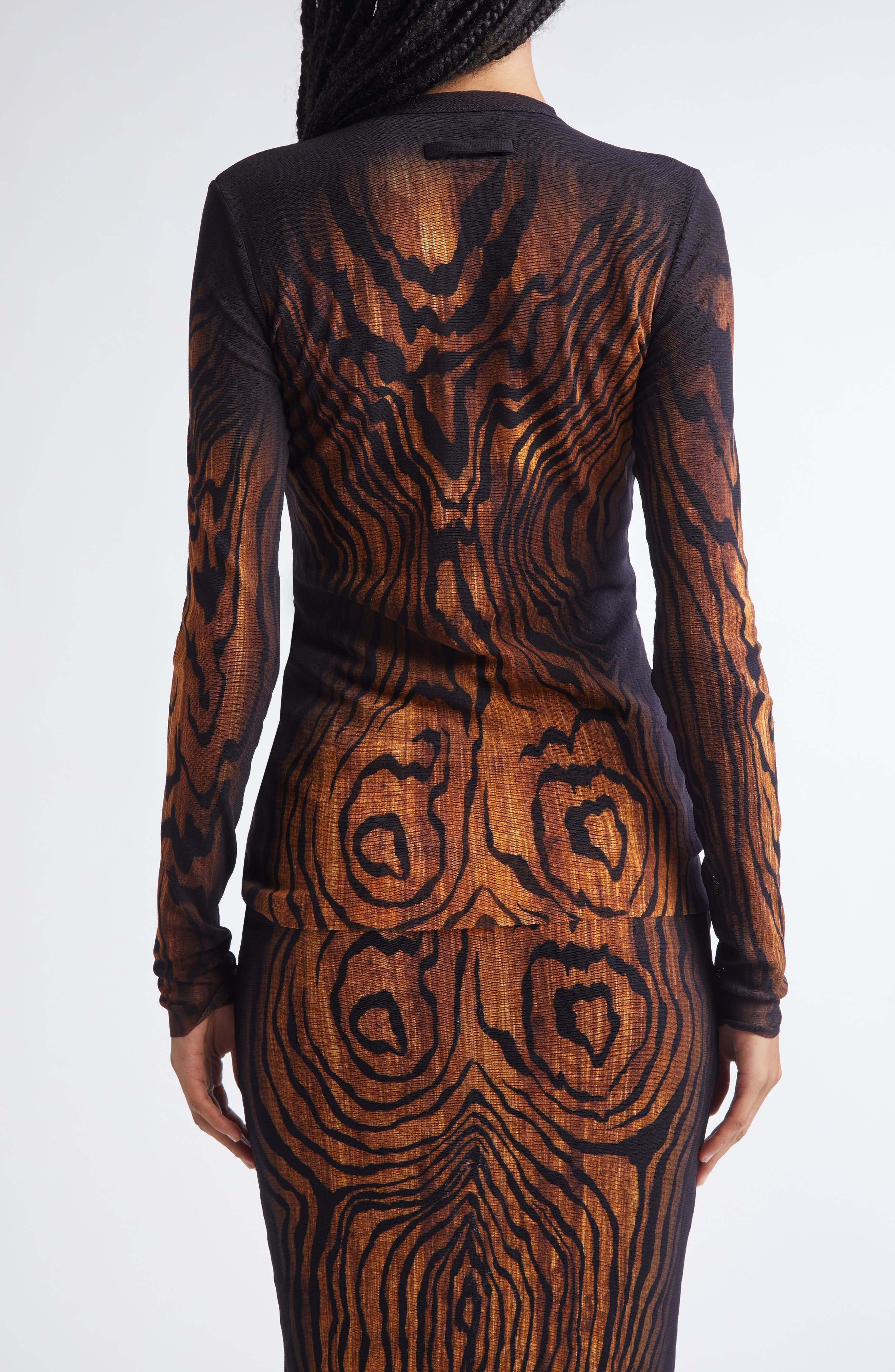 Jean Paul Gaultier Stripe Long Sleeve Mesh Top in Black/Brown at Nordstrom - 1