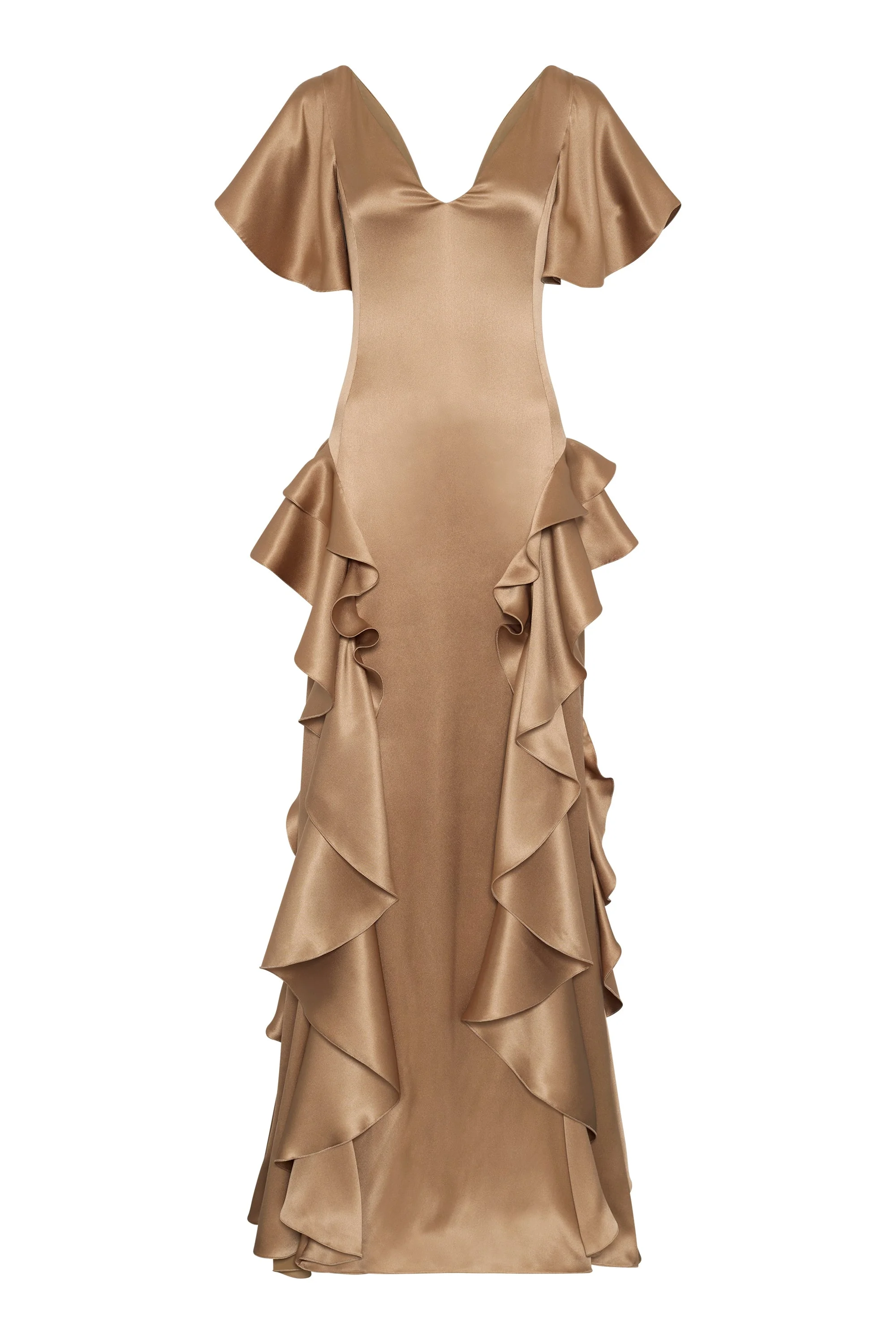 Spiral Ruffles Dress in Camel Silk Satin - 1